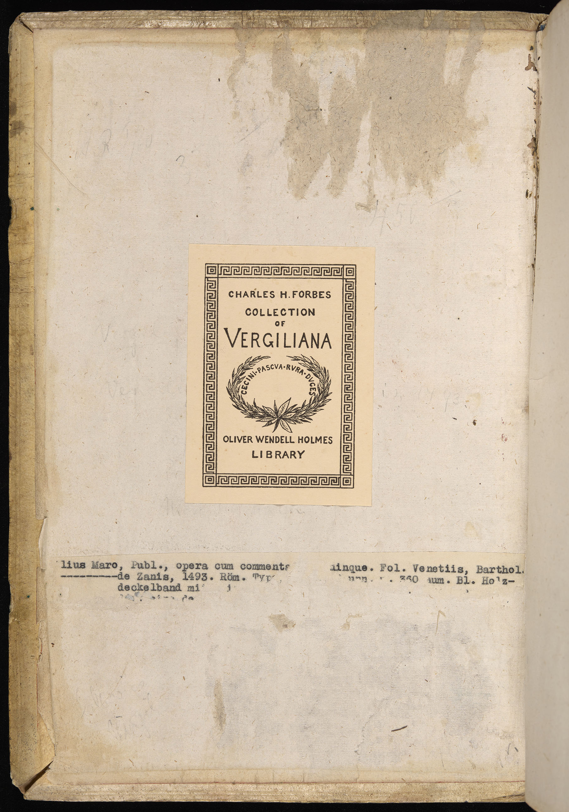 Vergilius cum c?mentariis quinque videlicet: Seruii, Landini, Ant. Mancinelli, Donati, Domitii. (M. Vegius' Book XIII addition to the Aen. Also Priapeia and Catalecta.) / Colophon: Impressu Venetiis per Bartolome? de Zanis de Portesio. . . . M.cccc.xciii. Stamped vellum with clasps. Very rare. Fol. - Image 6
