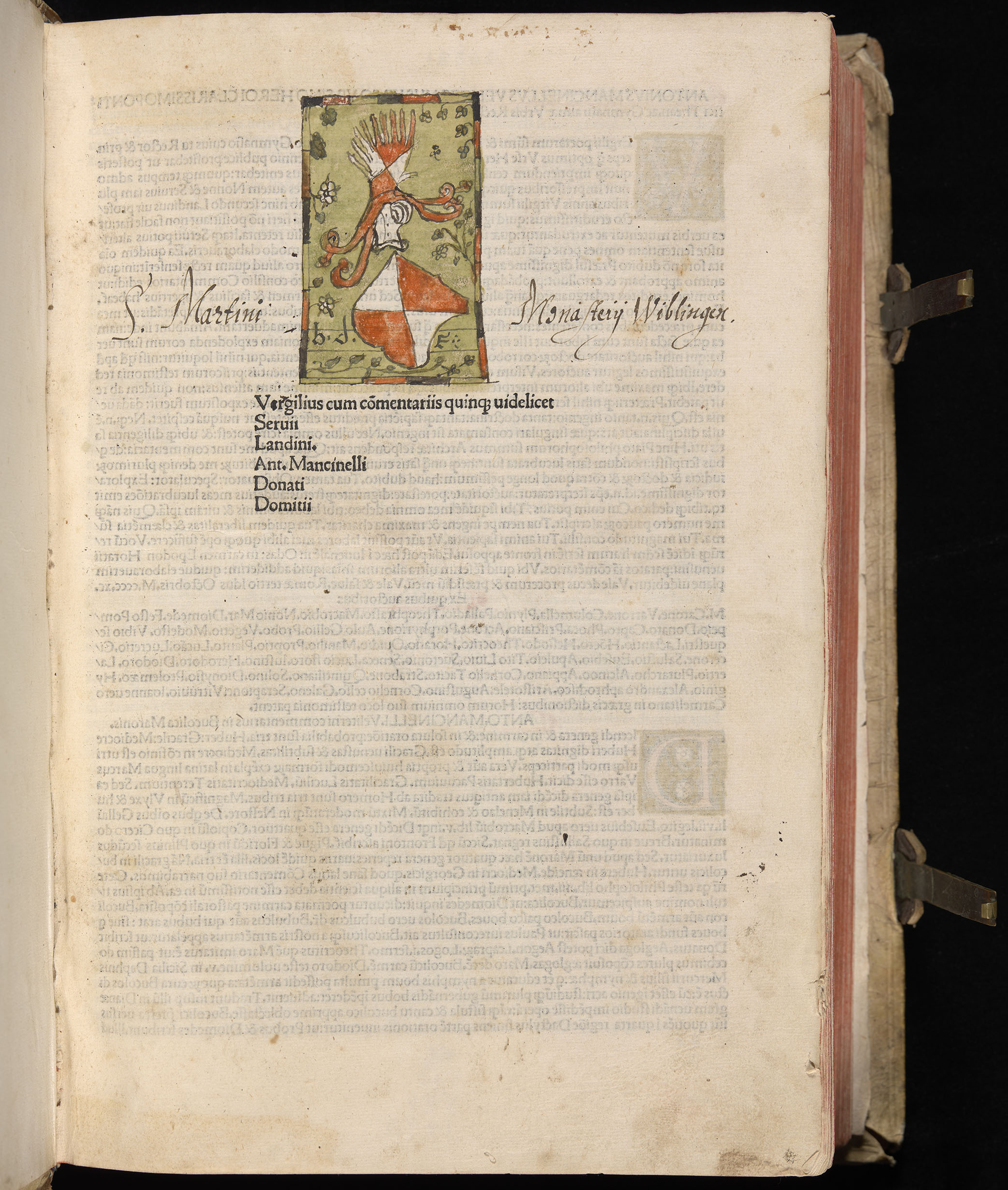 Vergilius cum c?mentariis quinque videlicet: Seruii, Landini, Ant. Mancinelli, Donati, Domitii. (M. Vegius' Book XIII addition to the Aen. Also Priapeia and Catalecta.) / Colophon: Impressu Venetiis per Bartolome? de Zanis de Portesio. . . . M.cccc.xciii. Stamped vellum with clasps. Very rare. Fol. - Image 9
