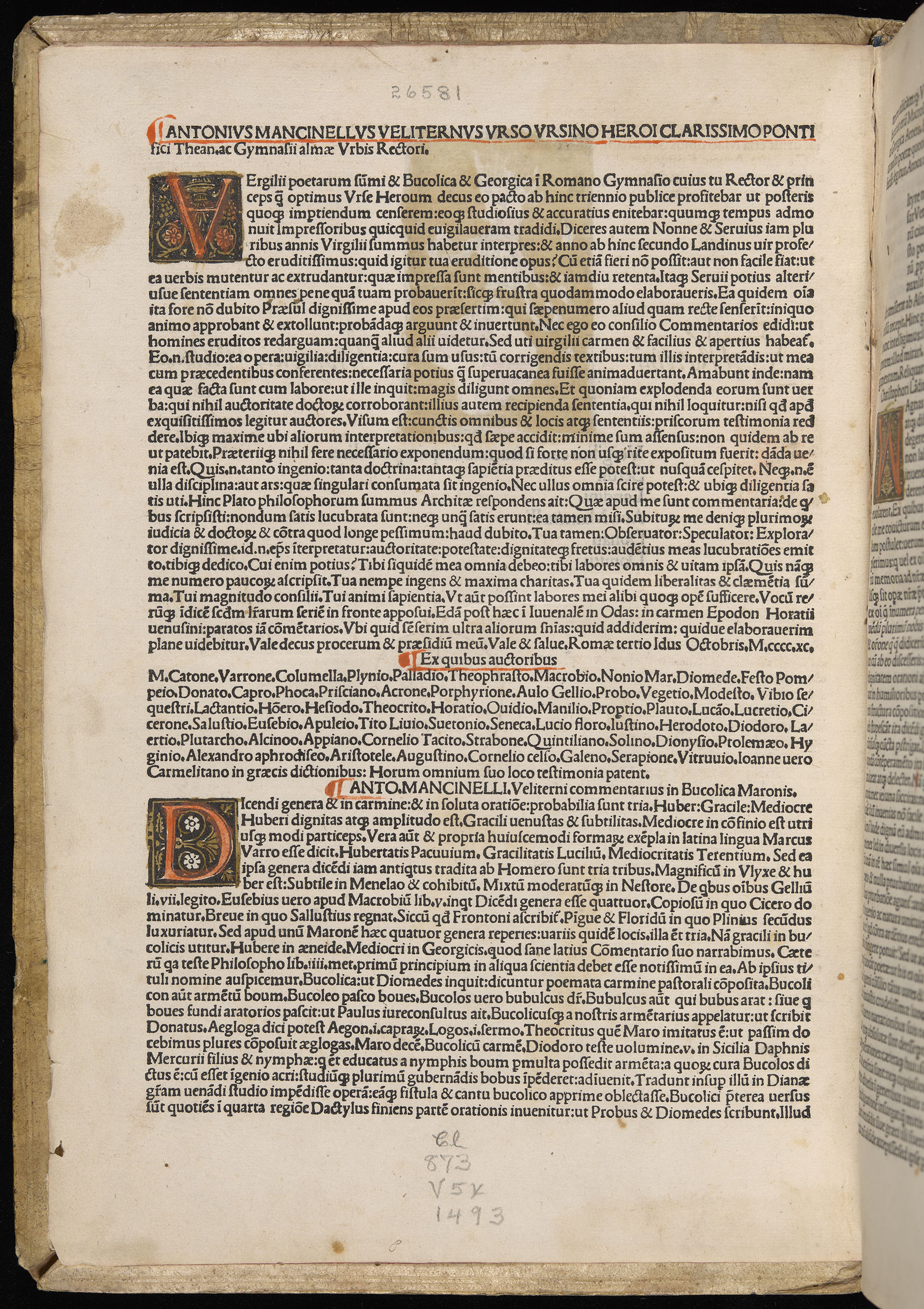 Vergilius cum c?mentariis quinque videlicet: Seruii, Landini, Ant. Mancinelli, Donati, Domitii. (M. Vegius' Book XIII addition to the Aen. Also Priapeia and Catalecta.) / Colophon: Impressu Venetiis per Bartolome? de Zanis de Portesio. . . . M.cccc.xciii. Stamped vellum with clasps. Very rare. Fol. - Image 10