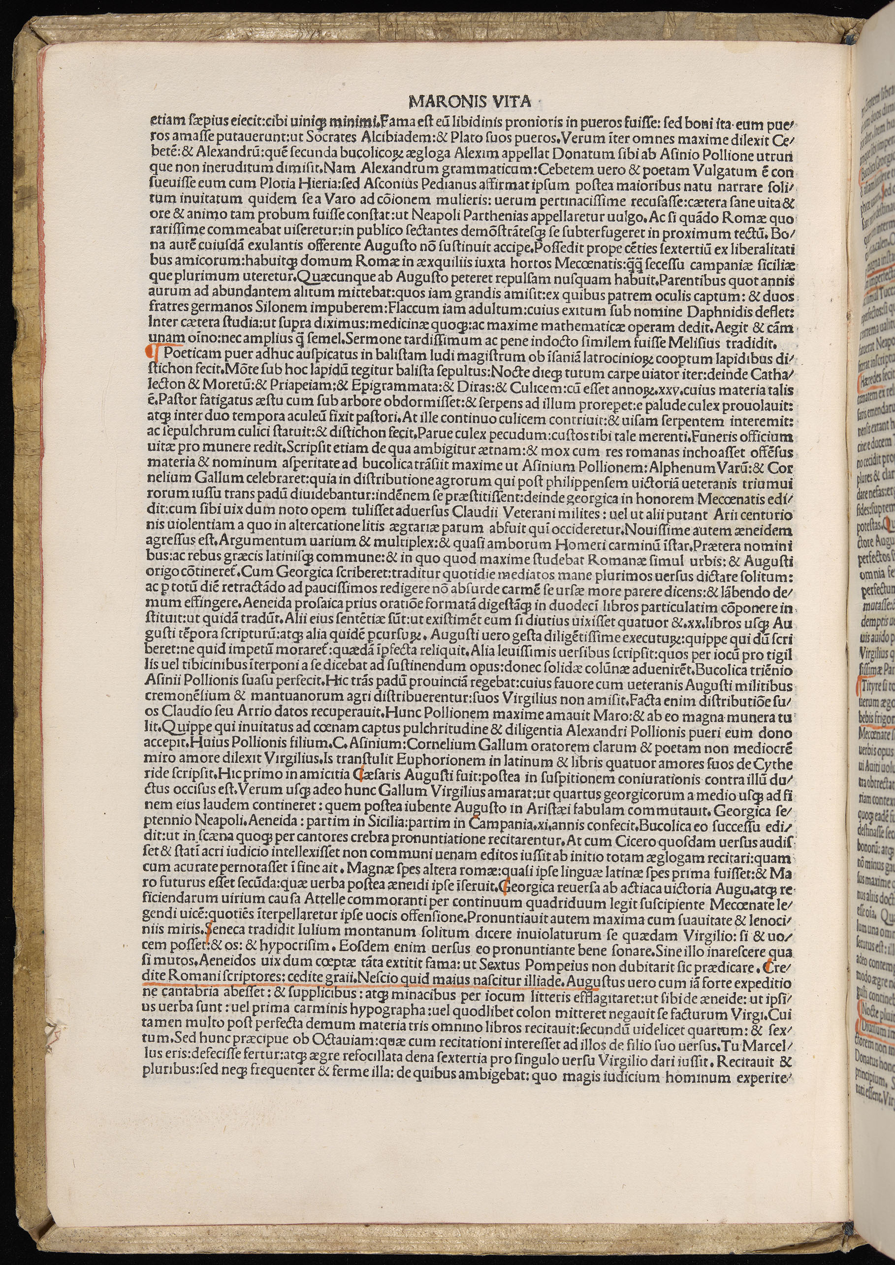 Vergilius cum c?mentariis quinque videlicet: Seruii, Landini, Ant. Mancinelli, Donati, Domitii. (M. Vegius' Book XIII addition to the Aen. Also Priapeia and Catalecta.) / Colophon: Impressu Venetiis per Bartolome? de Zanis de Portesio. . . . M.cccc.xciii. Stamped vellum with clasps. Very rare. Fol. - Image 16