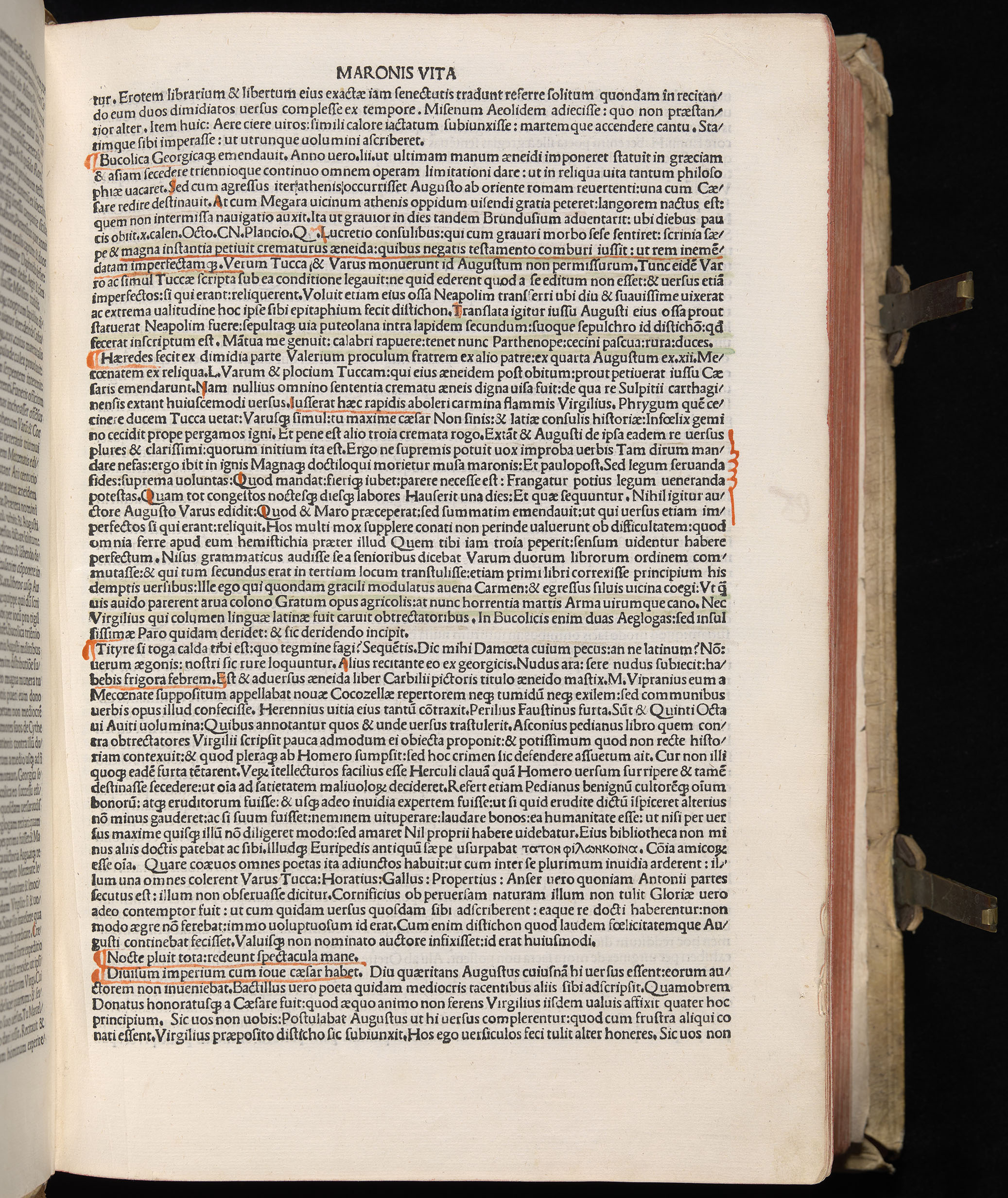 Vergilius cum c?mentariis quinque videlicet: Seruii, Landini, Ant. Mancinelli, Donati, Domitii. (M. Vegius' Book XIII addition to the Aen. Also Priapeia and Catalecta.) / Colophon: Impressu Venetiis per Bartolome? de Zanis de Portesio. . . . M.cccc.xciii. Stamped vellum with clasps. Very rare. Fol. - Image 17