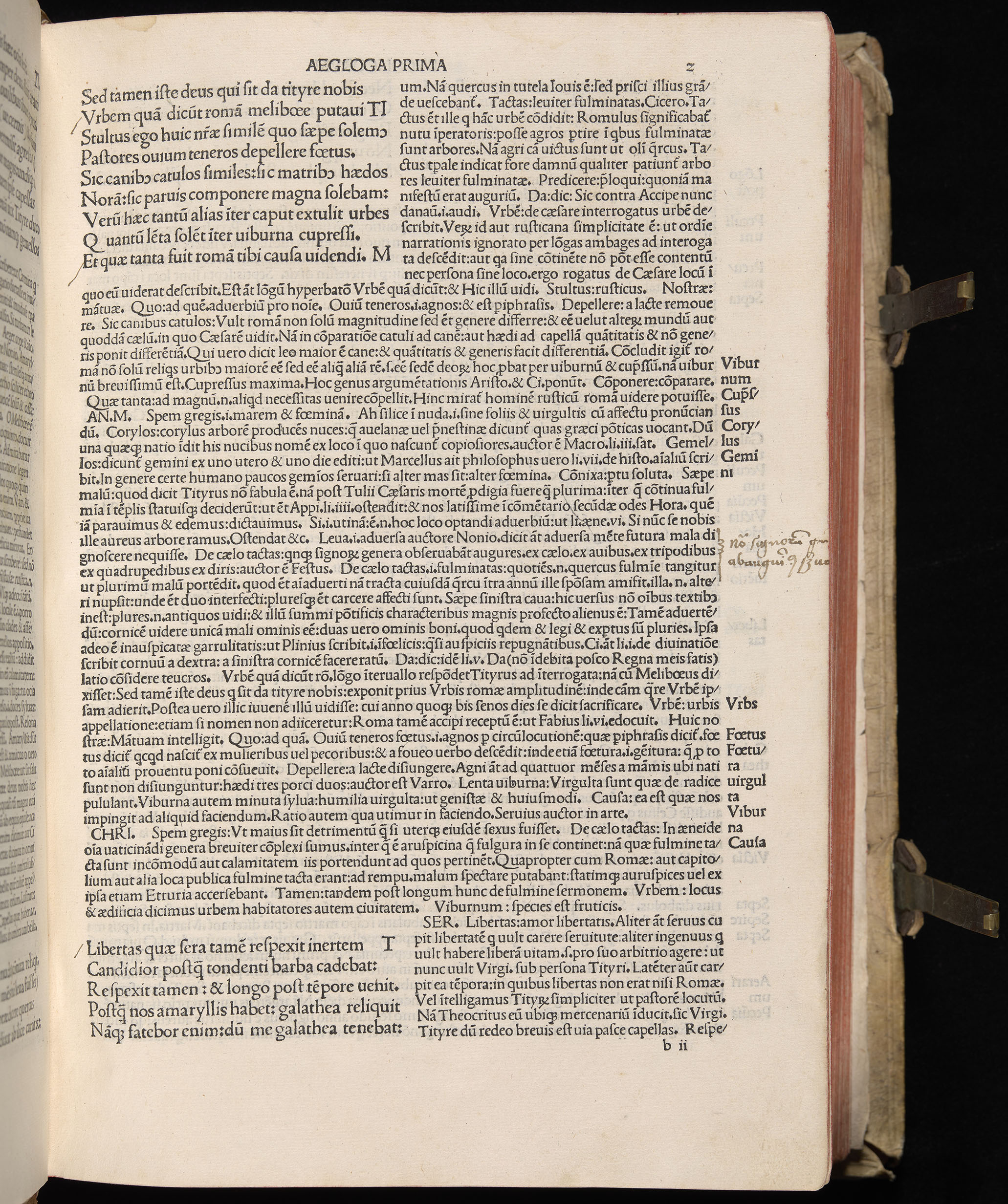 Vergilius cum c?mentariis quinque videlicet: Seruii, Landini, Ant. Mancinelli, Donati, Domitii. (M. Vegius' Book XIII addition to the Aen. Also Priapeia and Catalecta.) / Colophon: Impressu Venetiis per Bartolome? de Zanis de Portesio. . . . M.cccc.xciii. Stamped vellum with clasps. Very rare. Fol. - Image 23