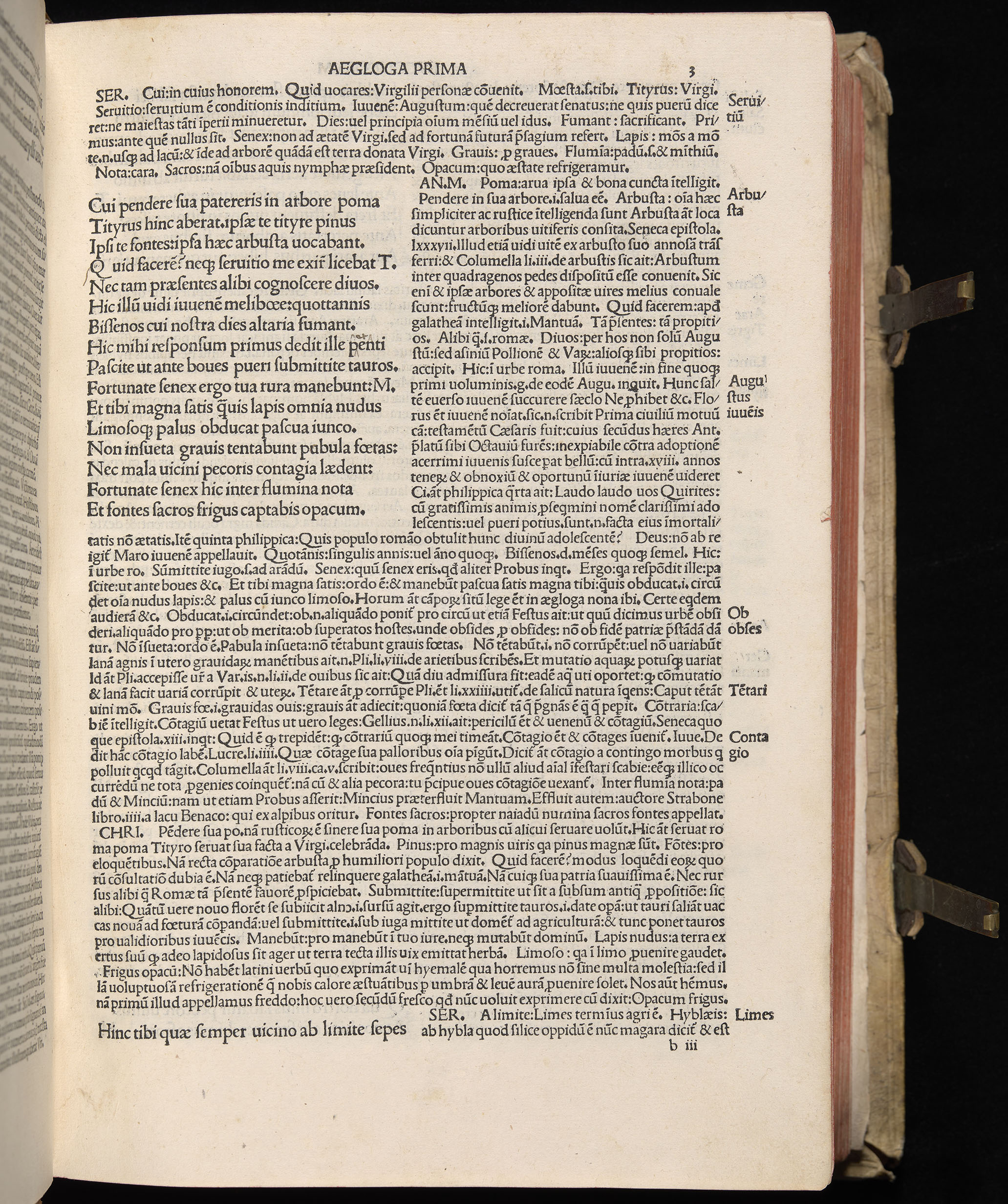 Vergilius cum c?mentariis quinque videlicet: Seruii, Landini, Ant. Mancinelli, Donati, Domitii. (M. Vegius' Book XIII addition to the Aen. Also Priapeia and Catalecta.) / Colophon: Impressu Venetiis per Bartolome? de Zanis de Portesio. . . . M.cccc.xciii. Stamped vellum with clasps. Very rare. Fol. - Image 25