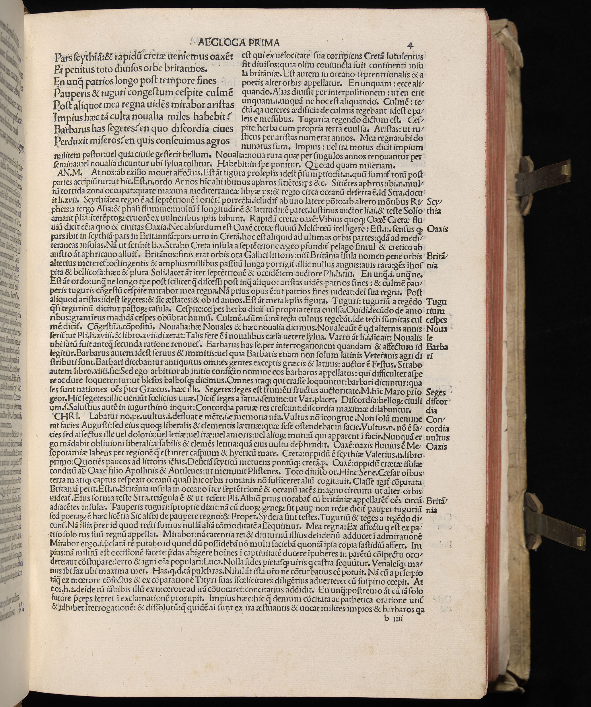 Vergilius cum c?mentariis quinque videlicet: Seruii, Landini, Ant. Mancinelli, Donati, Domitii. (M. Vegius' Book XIII addition to the Aen. Also Priapeia and Catalecta.) / Colophon: Impressu Venetiis per Bartolome? de Zanis de Portesio. . . . M.cccc.xciii. Stamped vellum with clasps. Very rare. Fol. - Image 27
