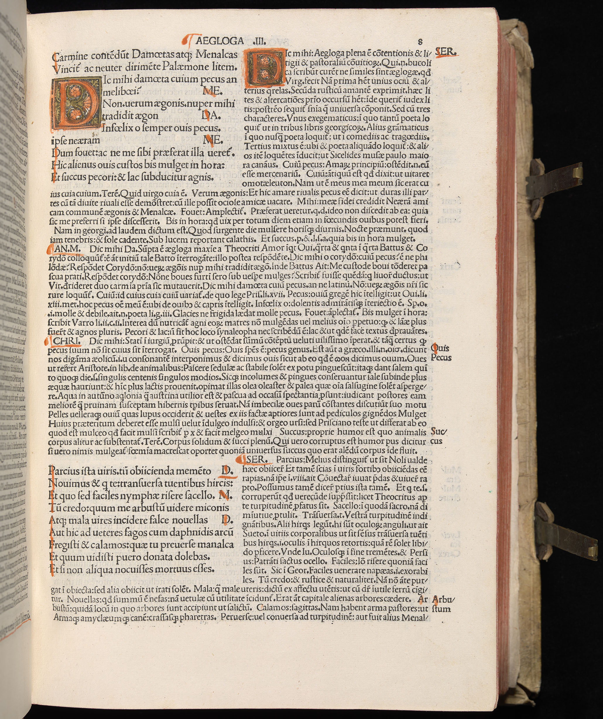 Vergilius cum c?mentariis quinque videlicet: Seruii, Landini, Ant. Mancinelli, Donati, Domitii. (M. Vegius' Book XIII addition to the Aen. Also Priapeia and Catalecta.) / Colophon: Impressu Venetiis per Bartolome? de Zanis de Portesio. . . . M.cccc.xciii. Stamped vellum with clasps. Very rare. Fol. - Image 35