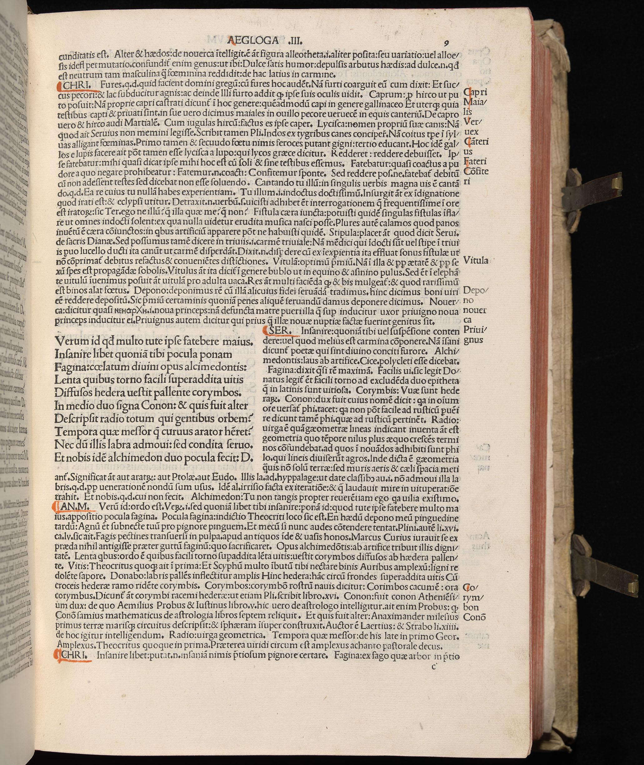 Vergilius cum c?mentariis quinque videlicet: Seruii, Landini, Ant. Mancinelli, Donati, Domitii. (M. Vegius' Book XIII addition to the Aen. Also Priapeia and Catalecta.) / Colophon: Impressu Venetiis per Bartolome? de Zanis de Portesio. . . . M.cccc.xciii. Stamped vellum with clasps. Very rare. Fol. - Image 37
