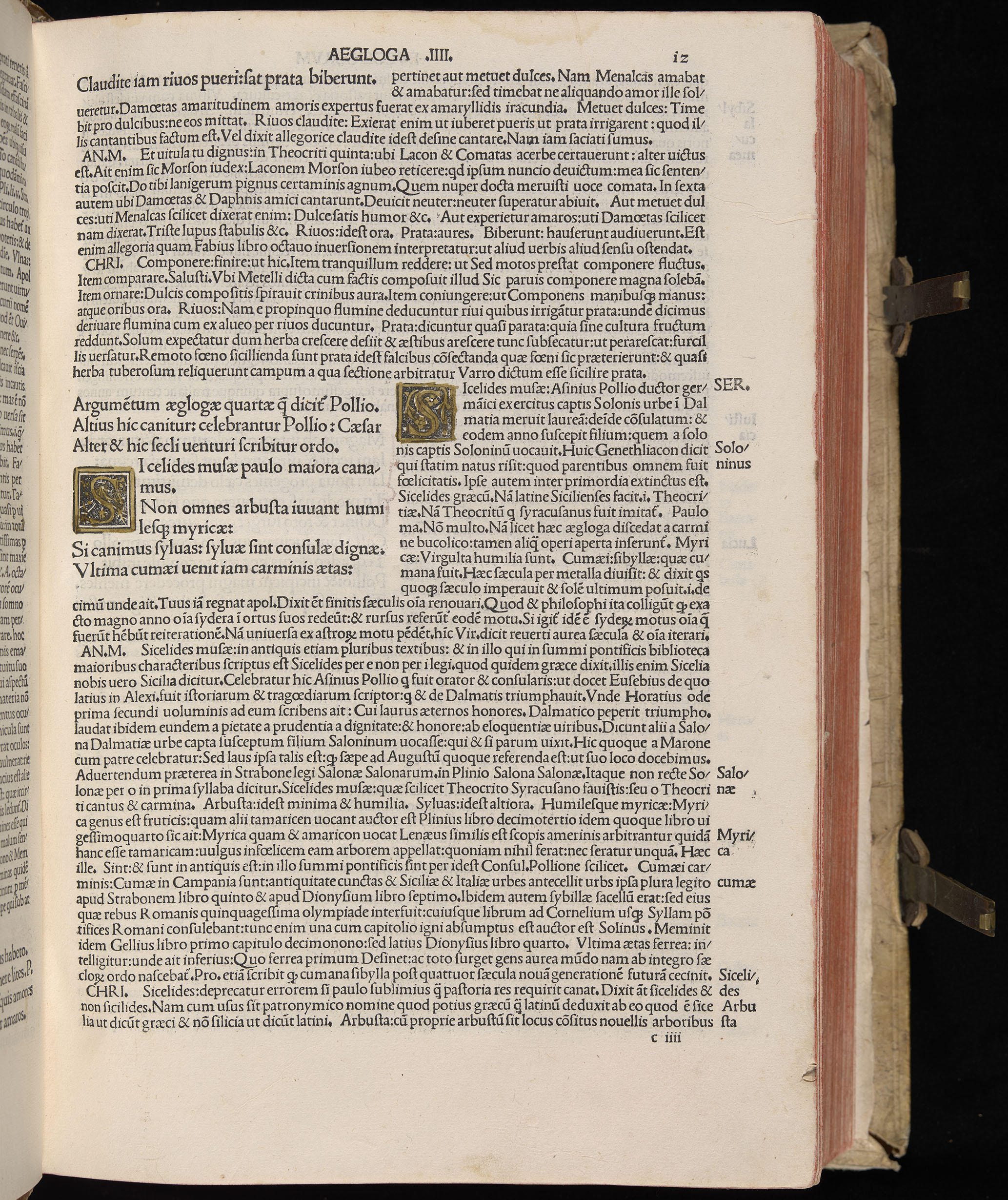 Vergilius cum c?mentariis quinque videlicet: Seruii, Landini, Ant. Mancinelli, Donati, Domitii. (M. Vegius' Book XIII addition to the Aen. Also Priapeia and Catalecta.) / Colophon: Impressu Venetiis per Bartolome? de Zanis de Portesio. . . . M.cccc.xciii. Stamped vellum with clasps. Very rare. Fol. - Image 43