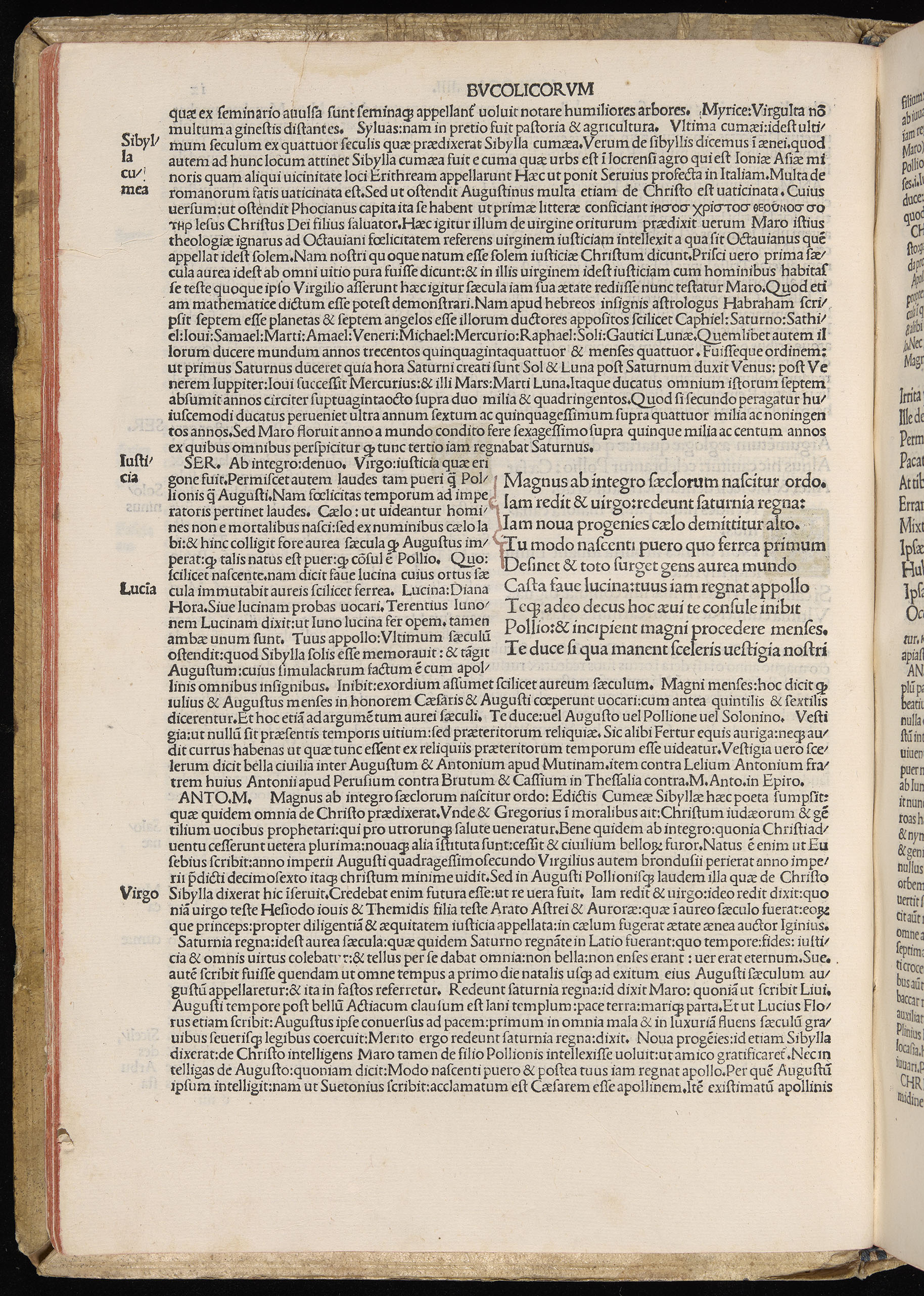 Vergilius cum c?mentariis quinque videlicet: Seruii, Landini, Ant. Mancinelli, Donati, Domitii. (M. Vegius' Book XIII addition to the Aen. Also Priapeia and Catalecta.) / Colophon: Impressu Venetiis per Bartolome? de Zanis de Portesio. . . . M.cccc.xciii. Stamped vellum with clasps. Very rare. Fol. - Image 44