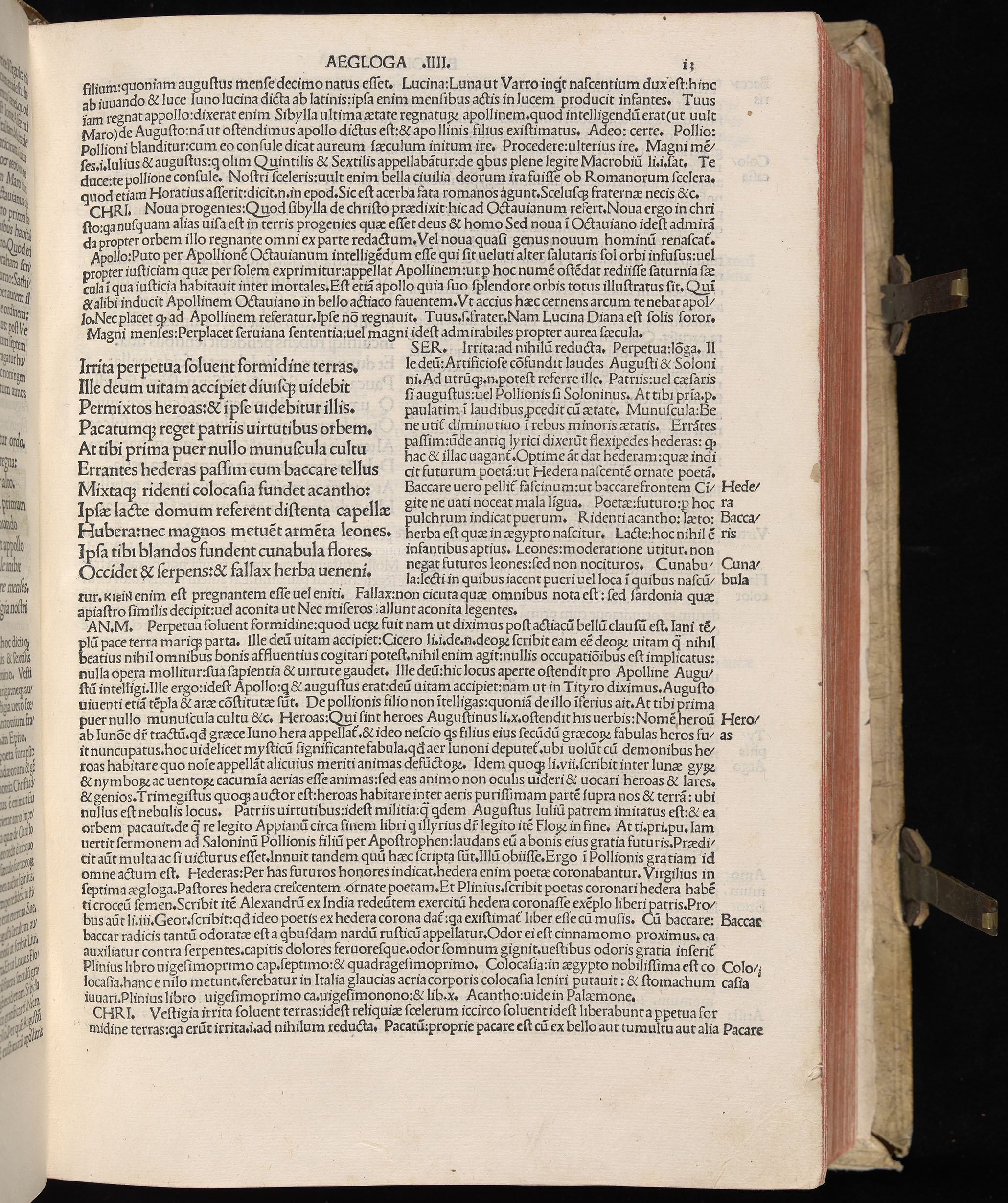 Vergilius cum c?mentariis quinque videlicet: Seruii, Landini, Ant. Mancinelli, Donati, Domitii. (M. Vegius' Book XIII addition to the Aen. Also Priapeia and Catalecta.) / Colophon: Impressu Venetiis per Bartolome? de Zanis de Portesio. . . . M.cccc.xciii. Stamped vellum with clasps. Very rare. Fol. - Image 45