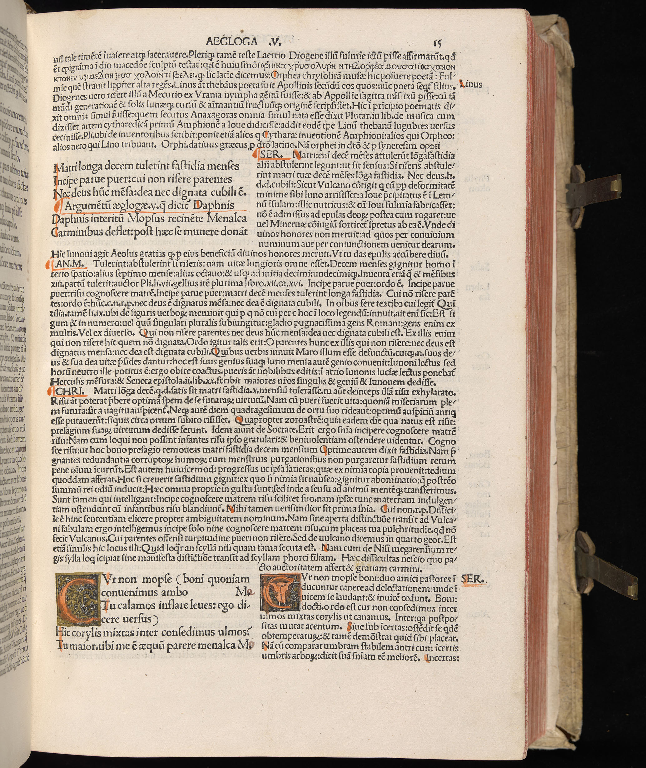 Vergilius cum c?mentariis quinque videlicet: Seruii, Landini, Ant. Mancinelli, Donati, Domitii. (M. Vegius' Book XIII addition to the Aen. Also Priapeia and Catalecta.) / Colophon: Impressu Venetiis per Bartolome? de Zanis de Portesio. . . . M.cccc.xciii. Stamped vellum with clasps. Very rare. Fol. - Image 49