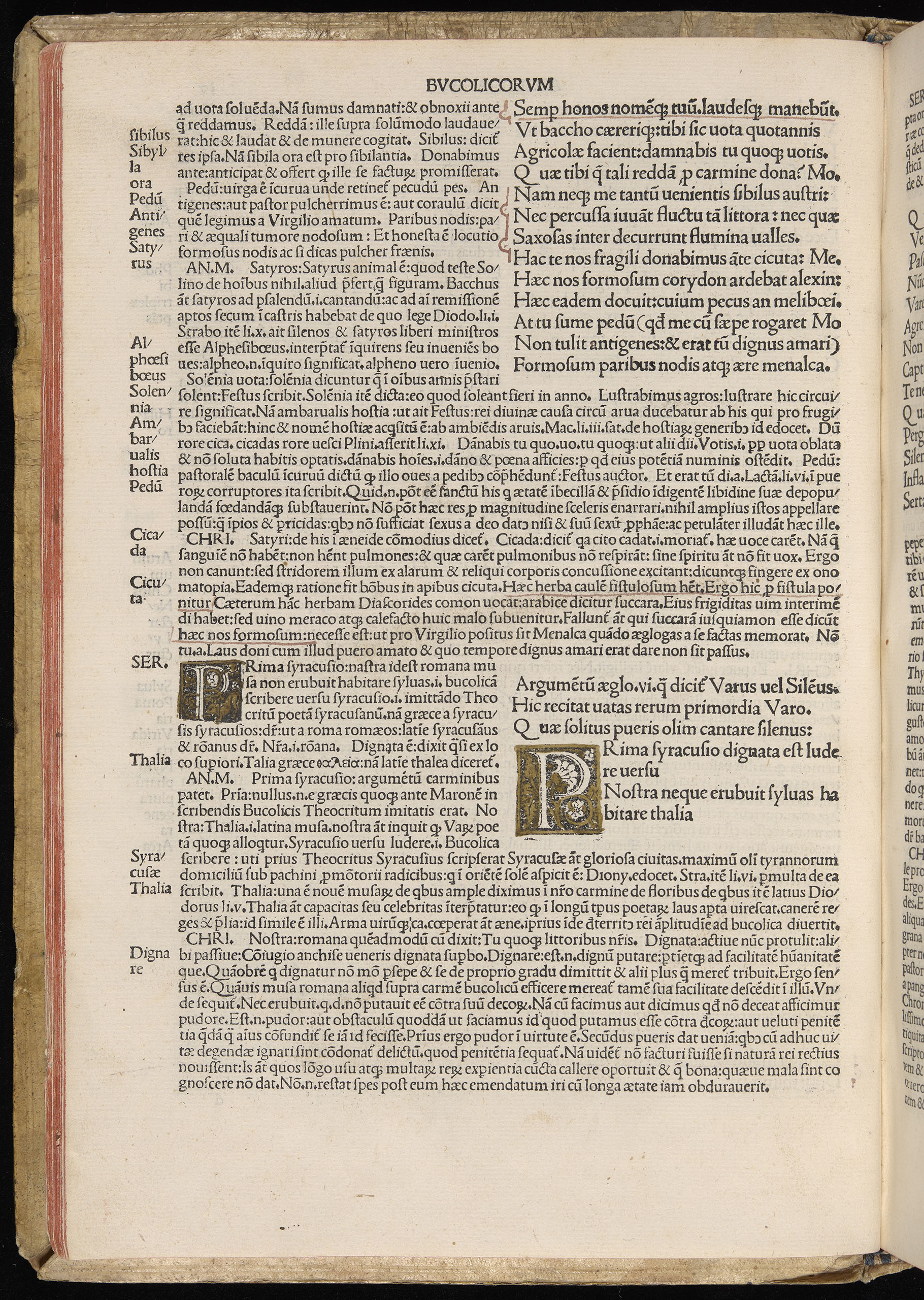 Vergilius cum c?mentariis quinque videlicet: Seruii, Landini, Ant. Mancinelli, Donati, Domitii. (M. Vegius' Book XIII addition to the Aen. Also Priapeia and Catalecta.) / Colophon: Impressu Venetiis per Bartolome? de Zanis de Portesio. . . . M.cccc.xciii. Stamped vellum with clasps. Very rare. Fol. - Image 54