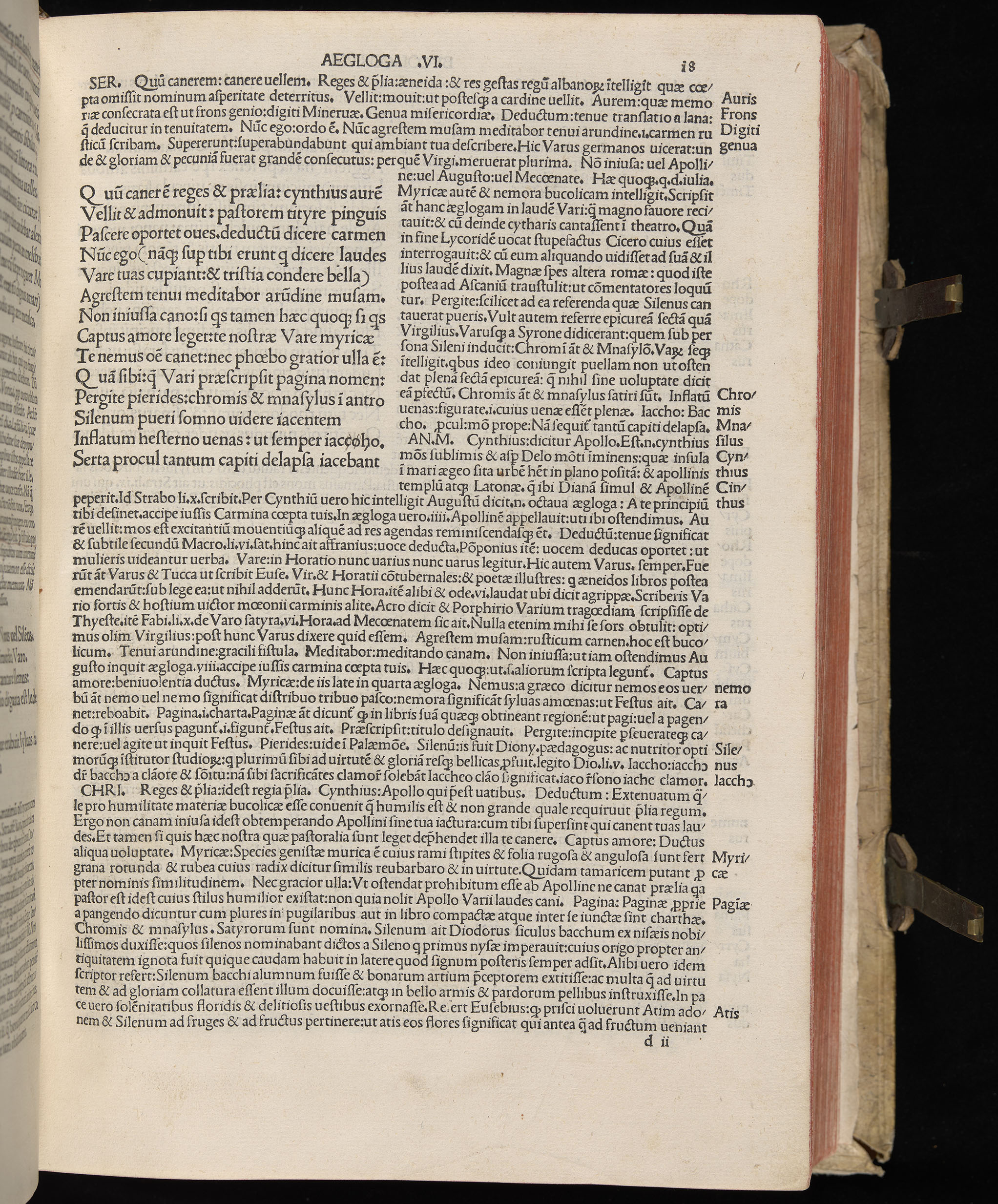 Vergilius cum c?mentariis quinque videlicet: Seruii, Landini, Ant. Mancinelli, Donati, Domitii. (M. Vegius' Book XIII addition to the Aen. Also Priapeia and Catalecta.) / Colophon: Impressu Venetiis per Bartolome? de Zanis de Portesio. . . . M.cccc.xciii. Stamped vellum with clasps. Very rare. Fol. - Image 55
