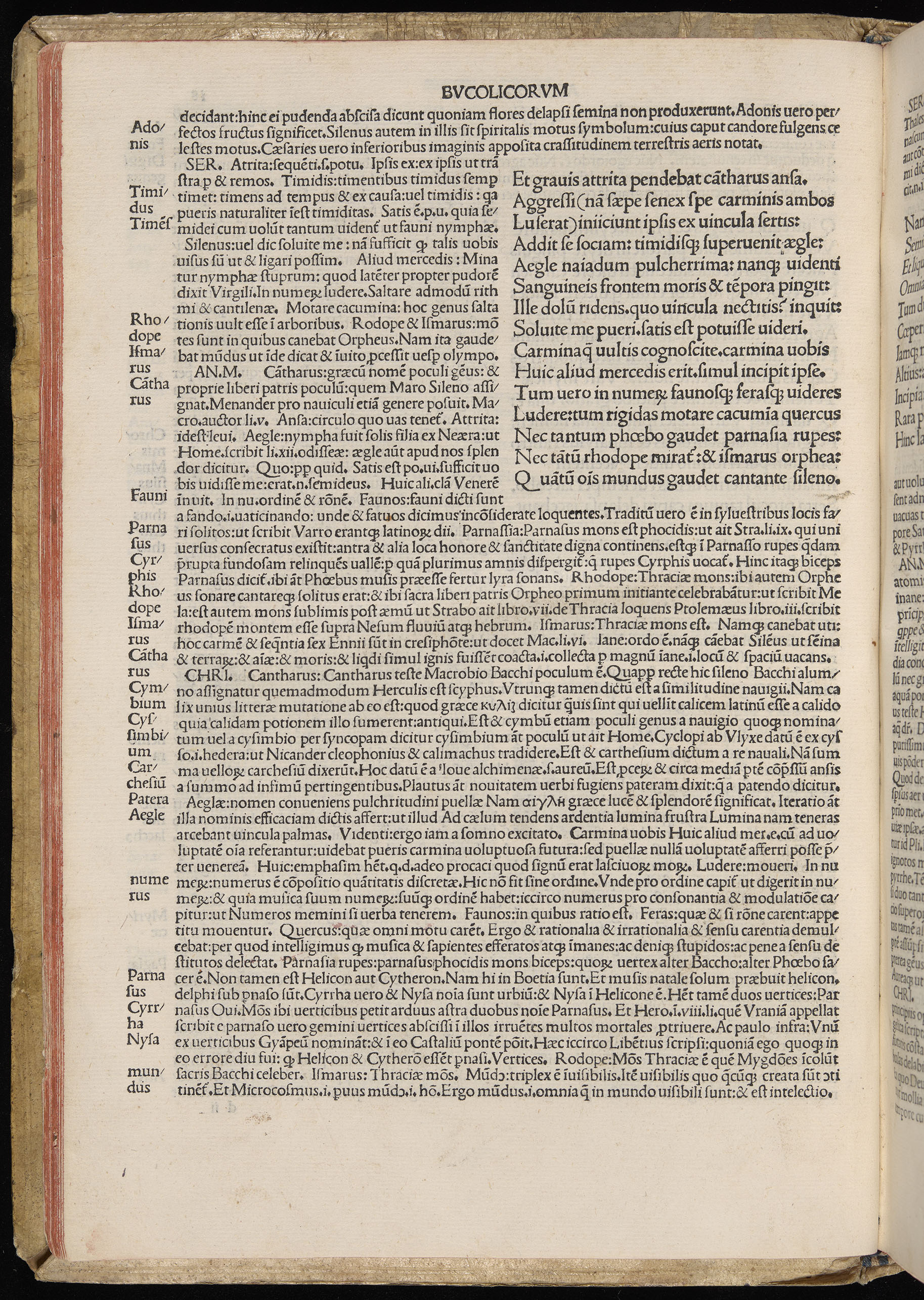 Vergilius cum c?mentariis quinque videlicet: Seruii, Landini, Ant. Mancinelli, Donati, Domitii. (M. Vegius' Book XIII addition to the Aen. Also Priapeia and Catalecta.) / Colophon: Impressu Venetiis per Bartolome? de Zanis de Portesio. . . . M.cccc.xciii. Stamped vellum with clasps. Very rare. Fol. - Image 56