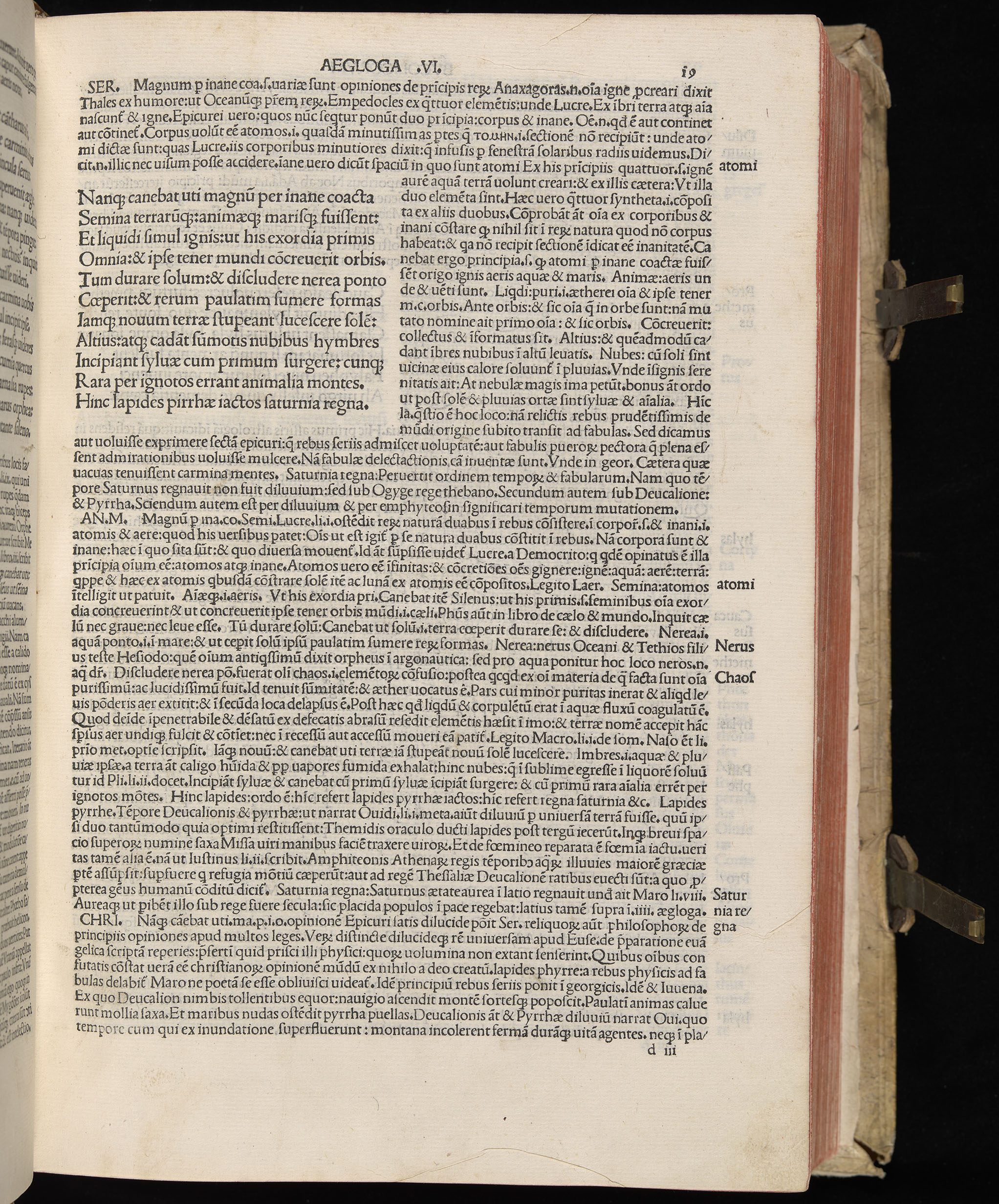 Vergilius cum c?mentariis quinque videlicet: Seruii, Landini, Ant. Mancinelli, Donati, Domitii. (M. Vegius' Book XIII addition to the Aen. Also Priapeia and Catalecta.) / Colophon: Impressu Venetiis per Bartolome? de Zanis de Portesio. . . . M.cccc.xciii. Stamped vellum with clasps. Very rare. Fol. - Image 57