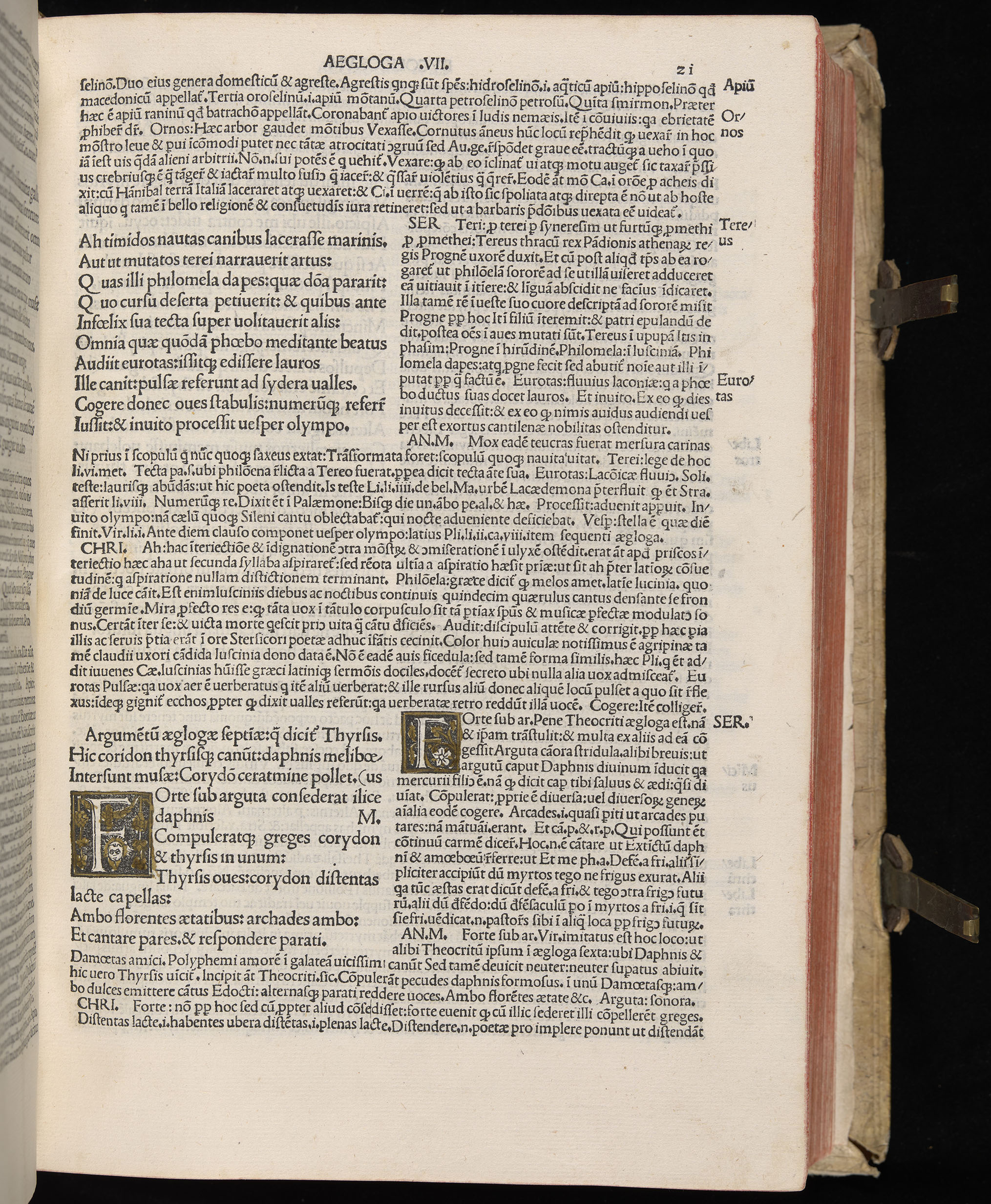 Vergilius cum c?mentariis quinque videlicet: Seruii, Landini, Ant. Mancinelli, Donati, Domitii. (M. Vegius' Book XIII addition to the Aen. Also Priapeia and Catalecta.) / Colophon: Impressu Venetiis per Bartolome? de Zanis de Portesio. . . . M.cccc.xciii. Stamped vellum with clasps. Very rare. Fol. - Image 61