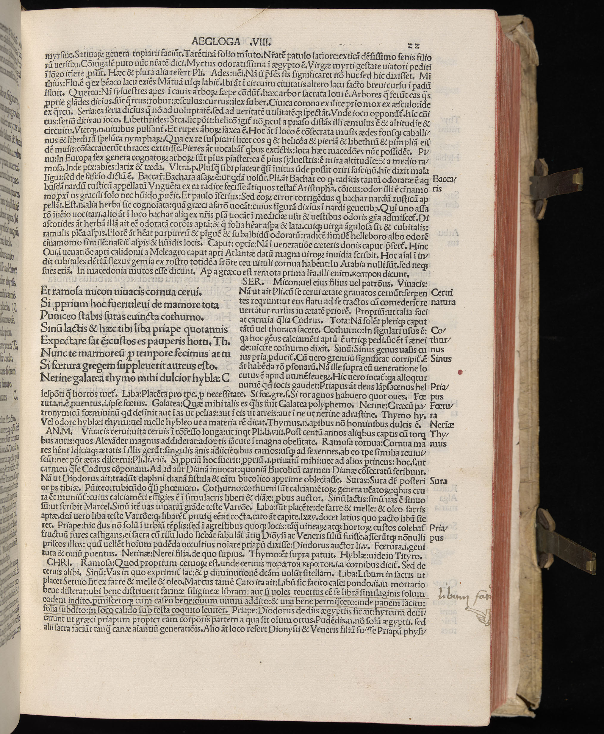 Vergilius cum c?mentariis quinque videlicet: Seruii, Landini, Ant. Mancinelli, Donati, Domitii. (M. Vegius' Book XIII addition to the Aen. Also Priapeia and Catalecta.) / Colophon: Impressu Venetiis per Bartolome? de Zanis de Portesio. . . . M.cccc.xciii. Stamped vellum with clasps. Very rare. Fol. - Image 63