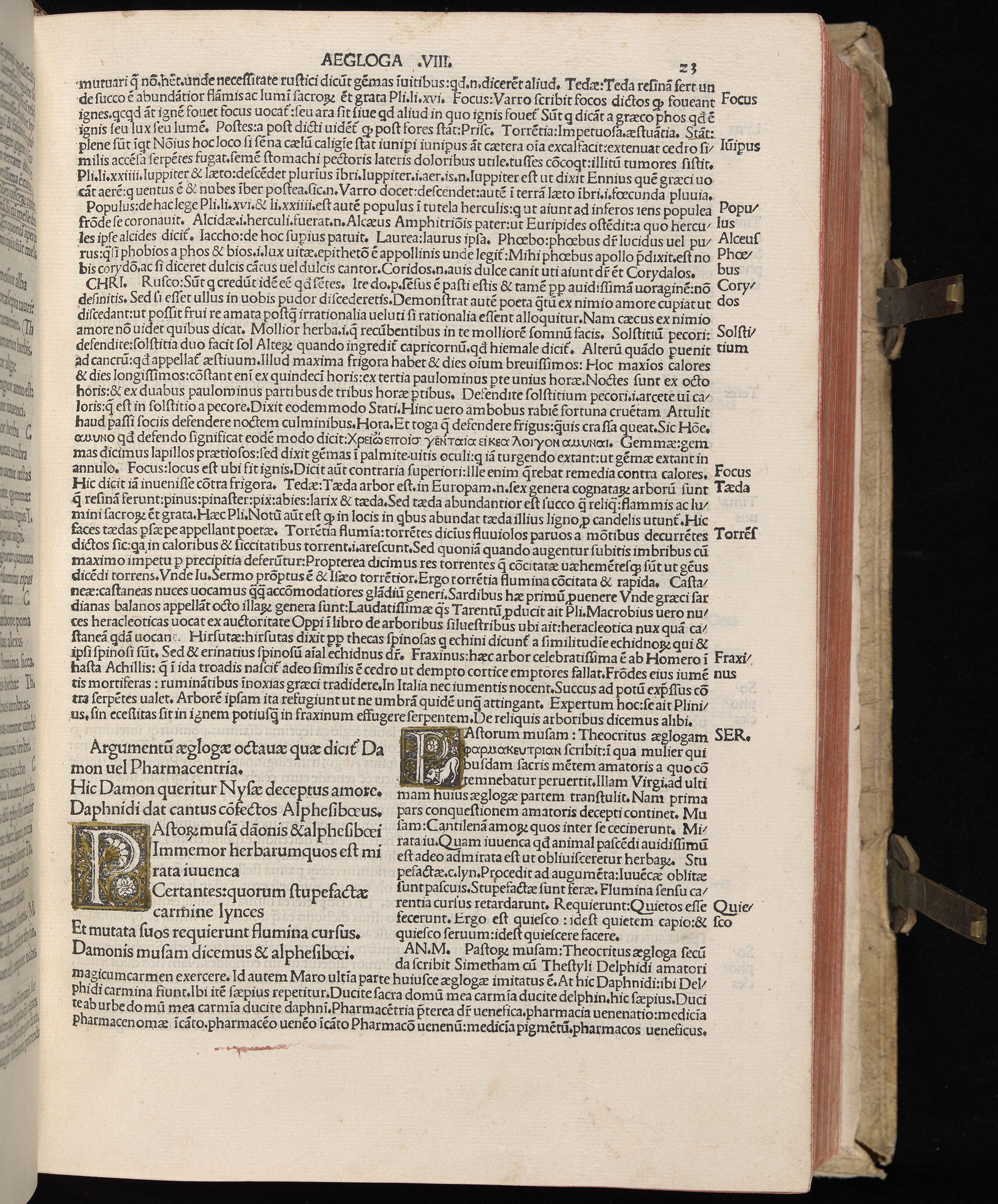 Vergilius cum c?mentariis quinque videlicet: Seruii, Landini, Ant. Mancinelli, Donati, Domitii. (M. Vegius' Book XIII addition to the Aen. Also Priapeia and Catalecta.) / Colophon: Impressu Venetiis per Bartolome? de Zanis de Portesio. . . . M.cccc.xciii. Stamped vellum with clasps. Very rare. Fol. - Image 65
