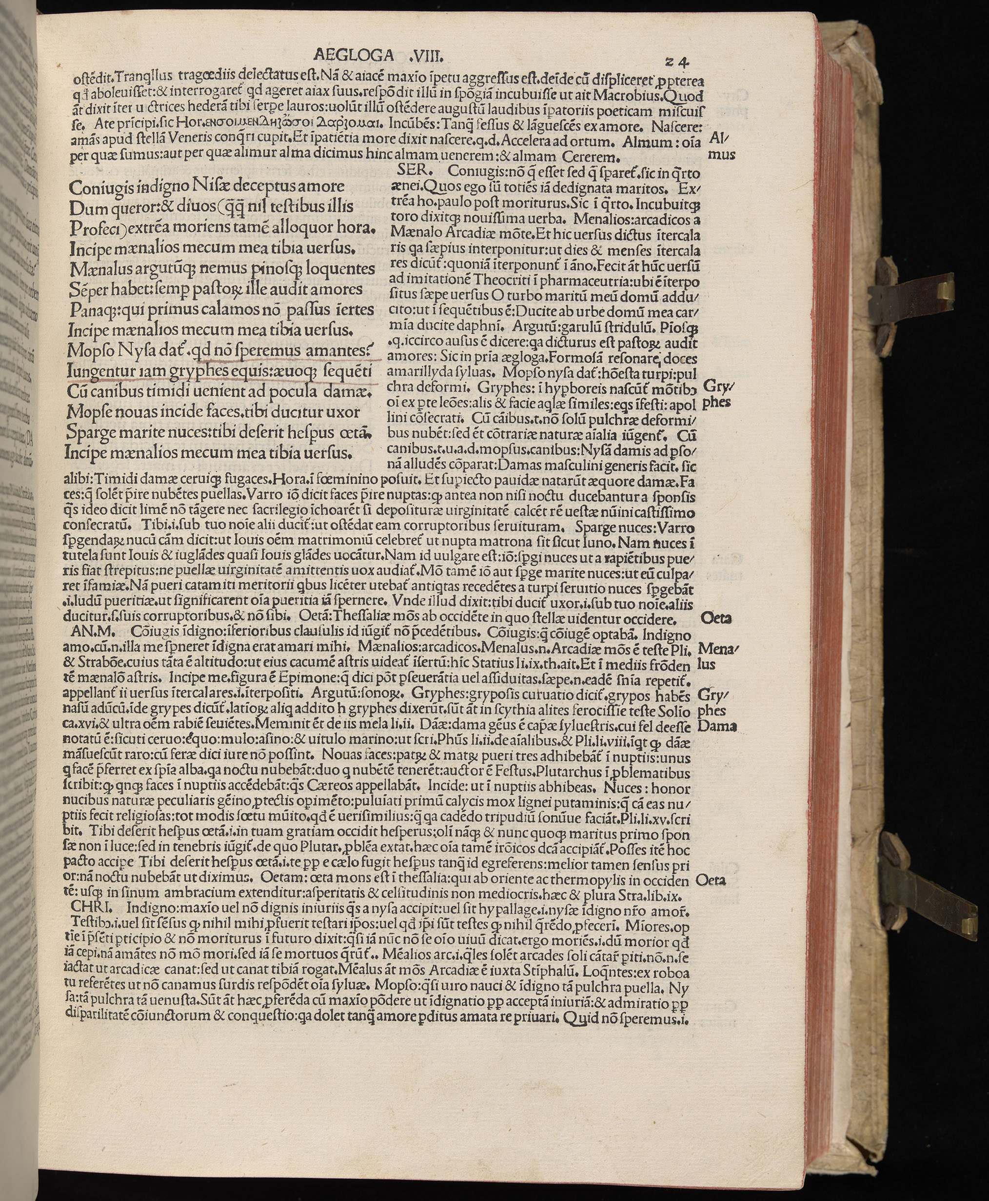 Vergilius cum c?mentariis quinque videlicet: Seruii, Landini, Ant. Mancinelli, Donati, Domitii. (M. Vegius' Book XIII addition to the Aen. Also Priapeia and Catalecta.) / Colophon: Impressu Venetiis per Bartolome? de Zanis de Portesio. . . . M.cccc.xciii. Stamped vellum with clasps. Very rare. Fol. - Image 67