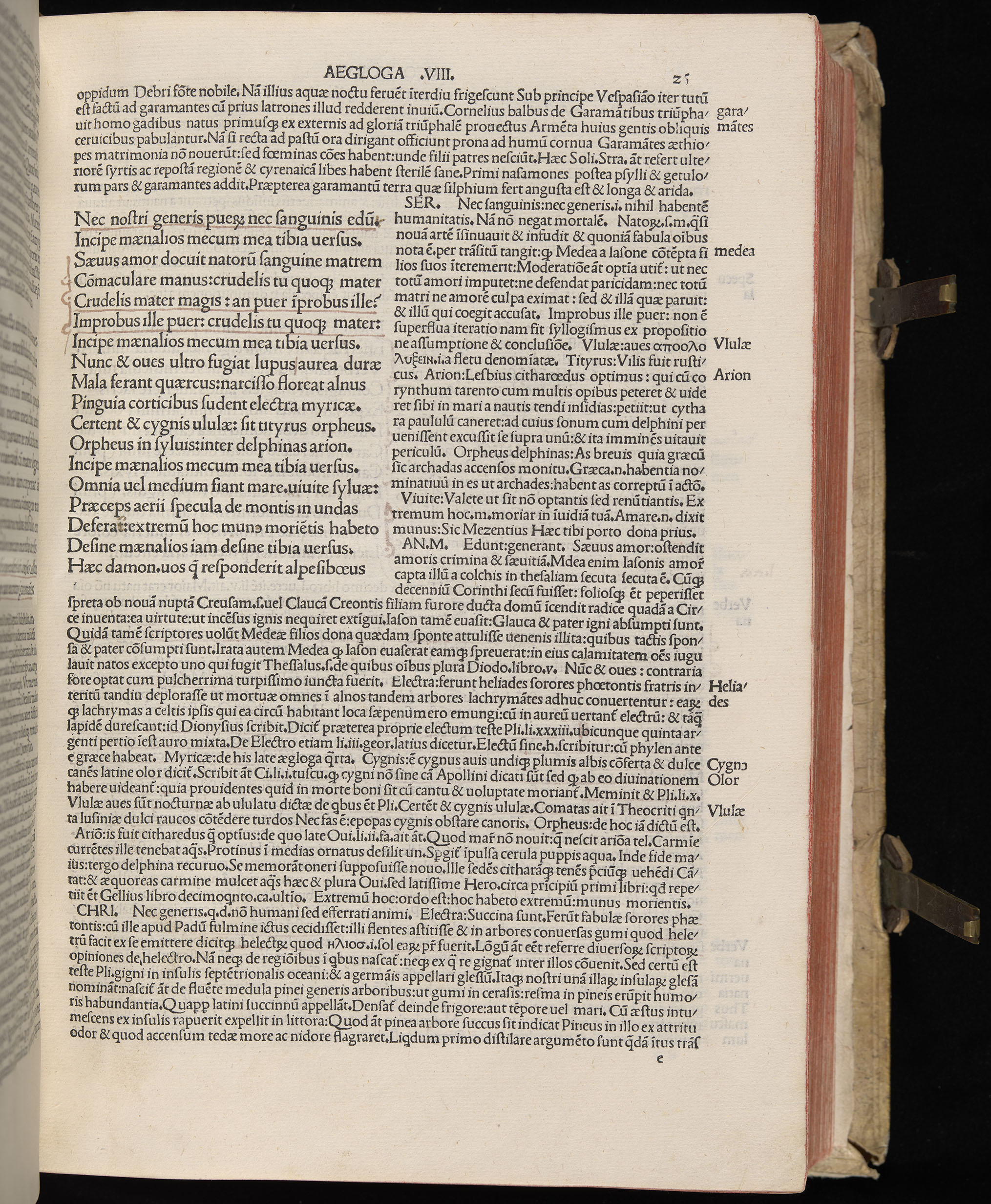 Vergilius cum c?mentariis quinque videlicet: Seruii, Landini, Ant. Mancinelli, Donati, Domitii. (M. Vegius' Book XIII addition to the Aen. Also Priapeia and Catalecta.) / Colophon: Impressu Venetiis per Bartolome? de Zanis de Portesio. . . . M.cccc.xciii. Stamped vellum with clasps. Very rare. Fol. - Image 69
