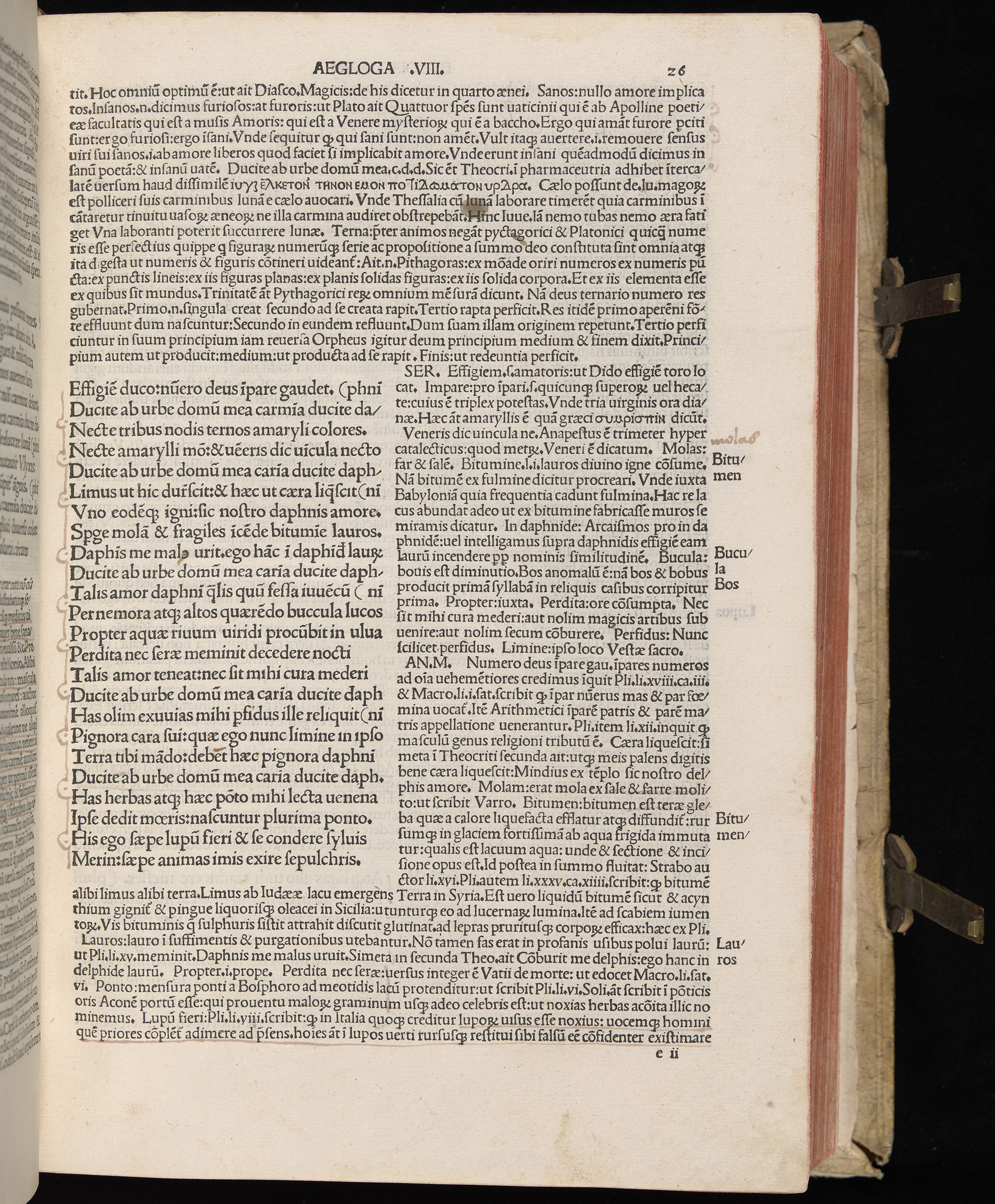 Vergilius cum c?mentariis quinque videlicet: Seruii, Landini, Ant. Mancinelli, Donati, Domitii. (M. Vegius' Book XIII addition to the Aen. Also Priapeia and Catalecta.) / Colophon: Impressu Venetiis per Bartolome? de Zanis de Portesio. . . . M.cccc.xciii. Stamped vellum with clasps. Very rare. Fol. - Image 71