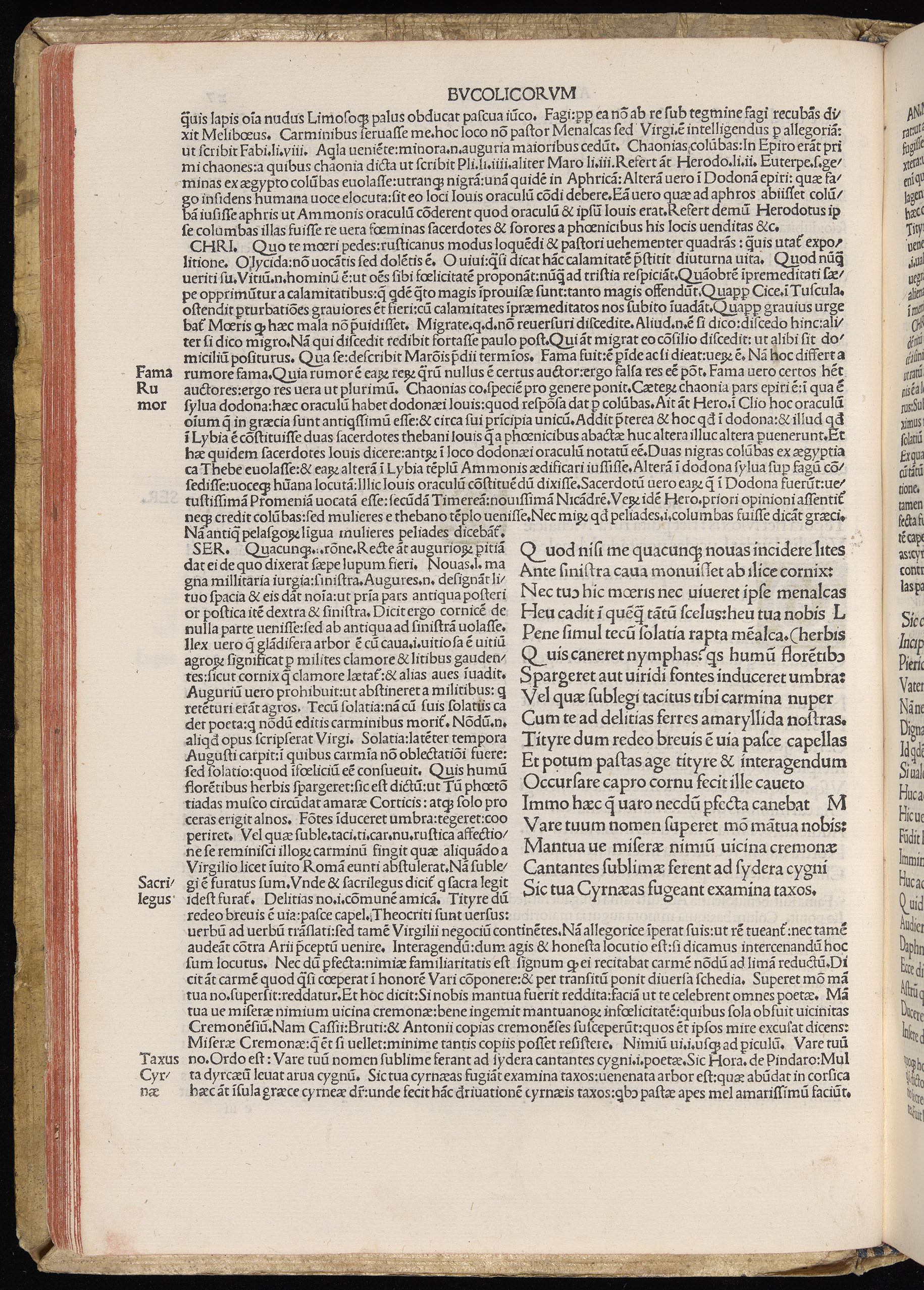 Vergilius cum c?mentariis quinque videlicet: Seruii, Landini, Ant. Mancinelli, Donati, Domitii. (M. Vegius' Book XIII addition to the Aen. Also Priapeia and Catalecta.) / Colophon: Impressu Venetiis per Bartolome? de Zanis de Portesio. . . . M.cccc.xciii. Stamped vellum with clasps. Very rare. Fol. - Image 74