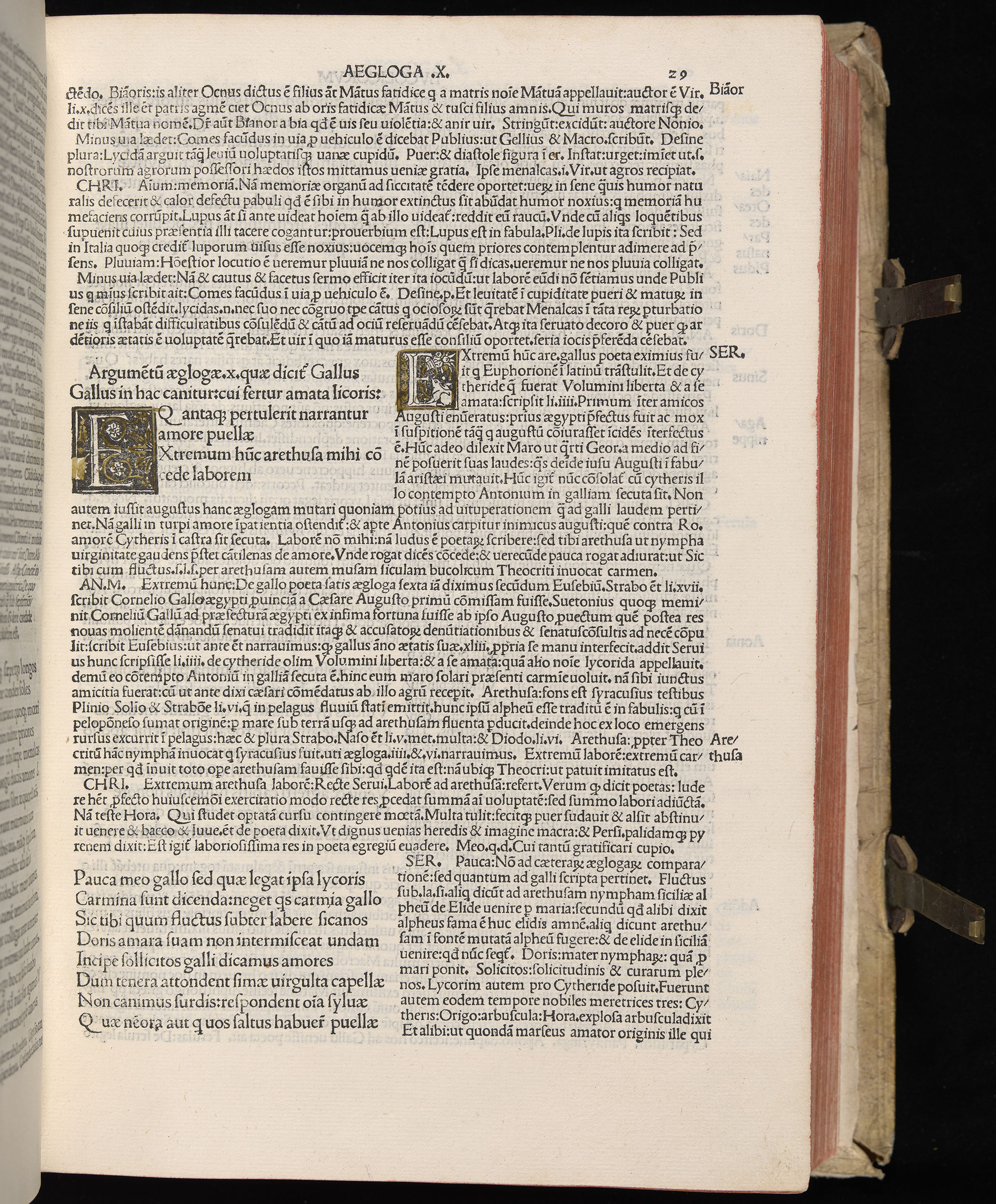 Vergilius cum c?mentariis quinque videlicet: Seruii, Landini, Ant. Mancinelli, Donati, Domitii. (M. Vegius' Book XIII addition to the Aen. Also Priapeia and Catalecta.) / Colophon: Impressu Venetiis per Bartolome? de Zanis de Portesio. . . . M.cccc.xciii. Stamped vellum with clasps. Very rare. Fol. - Image 77
