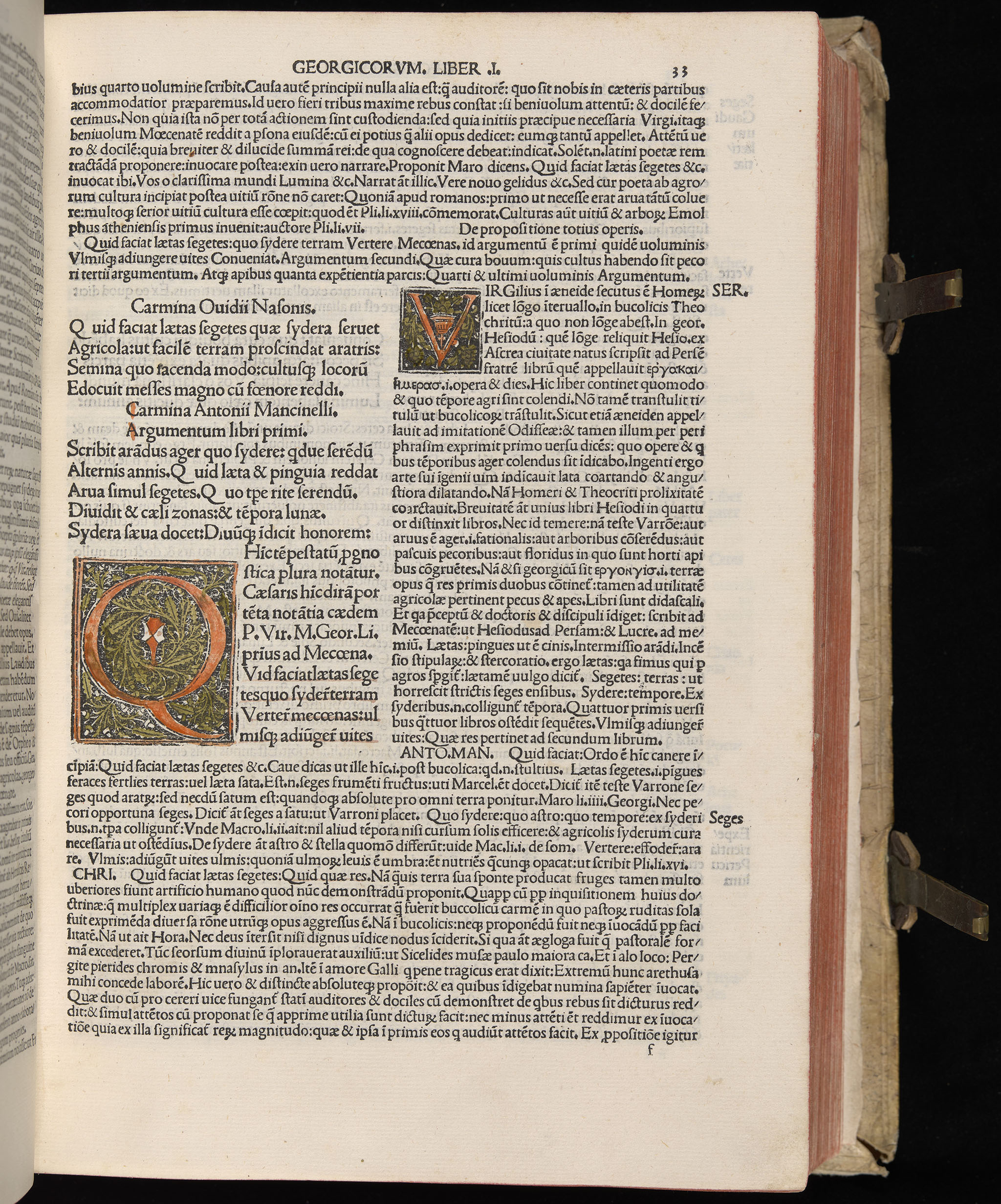 Vergilius cum c?mentariis quinque videlicet: Seruii, Landini, Ant. Mancinelli, Donati, Domitii. (M. Vegius' Book XIII addition to the Aen. Also Priapeia and Catalecta.) / Colophon: Impressu Venetiis per Bartolome? de Zanis de Portesio. . . . M.cccc.xciii. Stamped vellum with clasps. Very rare. Fol. - Image 85