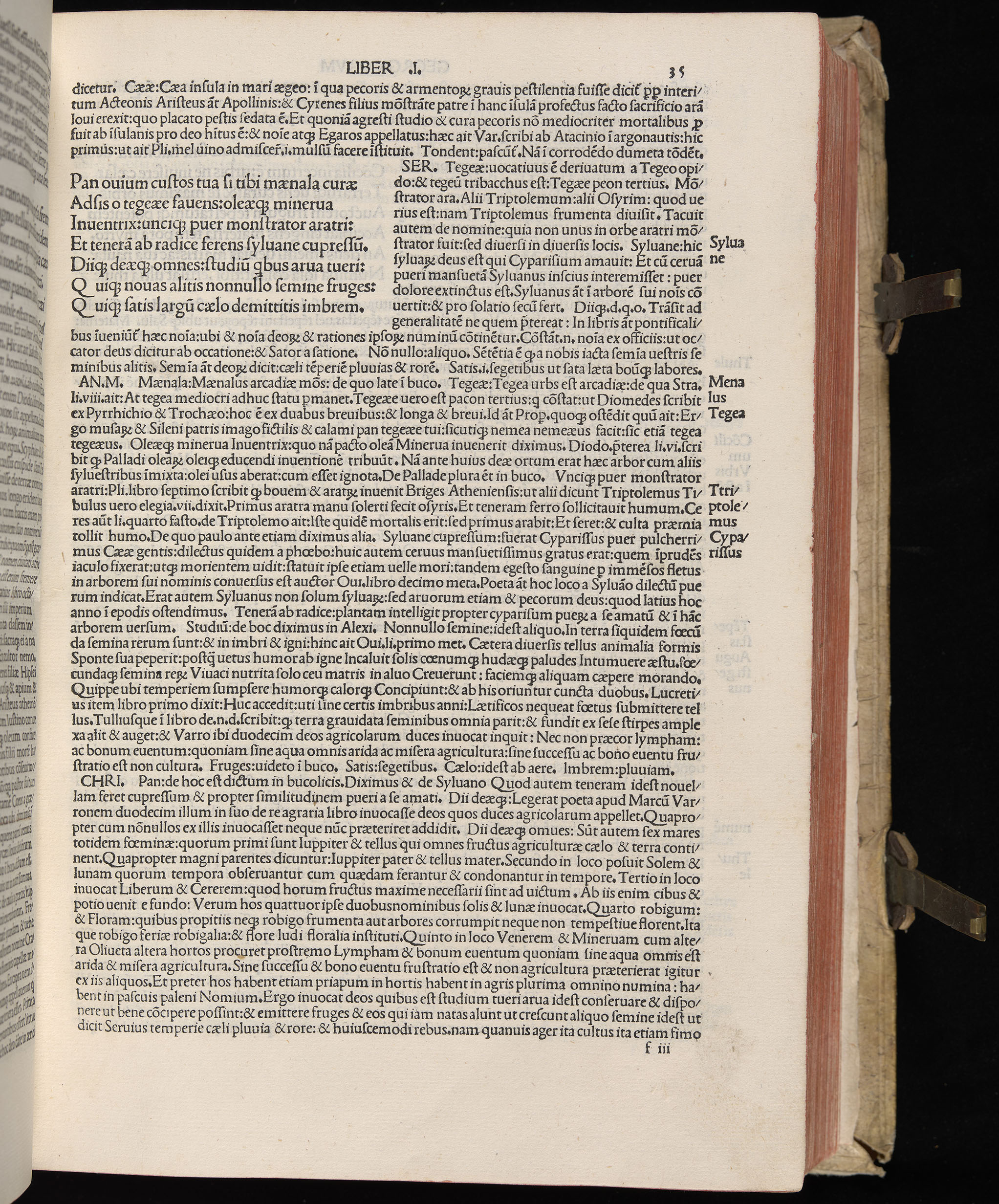 Vergilius cum c?mentariis quinque videlicet: Seruii, Landini, Ant. Mancinelli, Donati, Domitii. (M. Vegius' Book XIII addition to the Aen. Also Priapeia and Catalecta.) / Colophon: Impressu Venetiis per Bartolome? de Zanis de Portesio. . . . M.cccc.xciii. Stamped vellum with clasps. Very rare. Fol. - Image 89