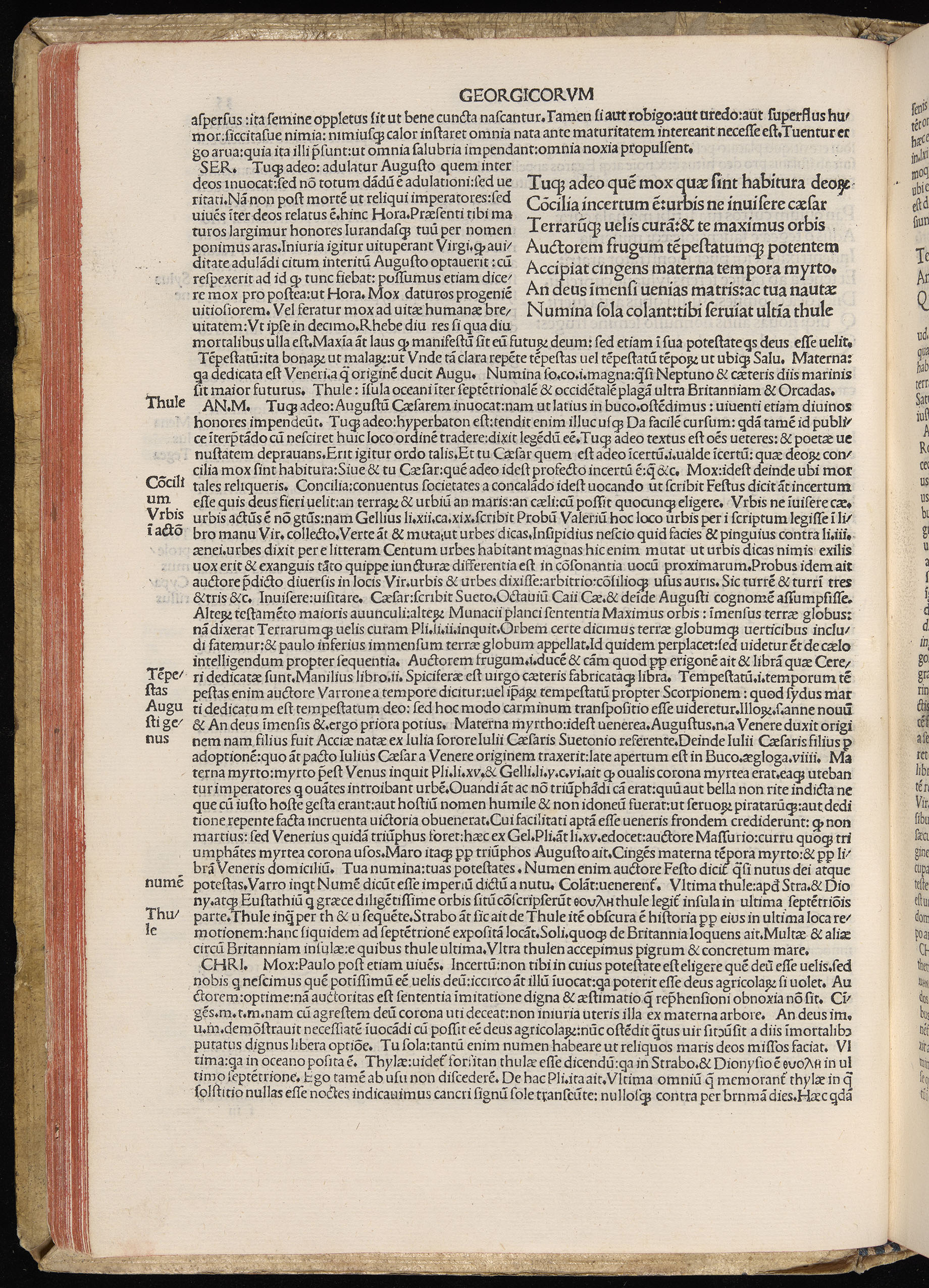 Vergilius cum c?mentariis quinque videlicet: Seruii, Landini, Ant. Mancinelli, Donati, Domitii. (M. Vegius' Book XIII addition to the Aen. Also Priapeia and Catalecta.) / Colophon: Impressu Venetiis per Bartolome? de Zanis de Portesio. . . . M.cccc.xciii. Stamped vellum with clasps. Very rare. Fol. - Image 90