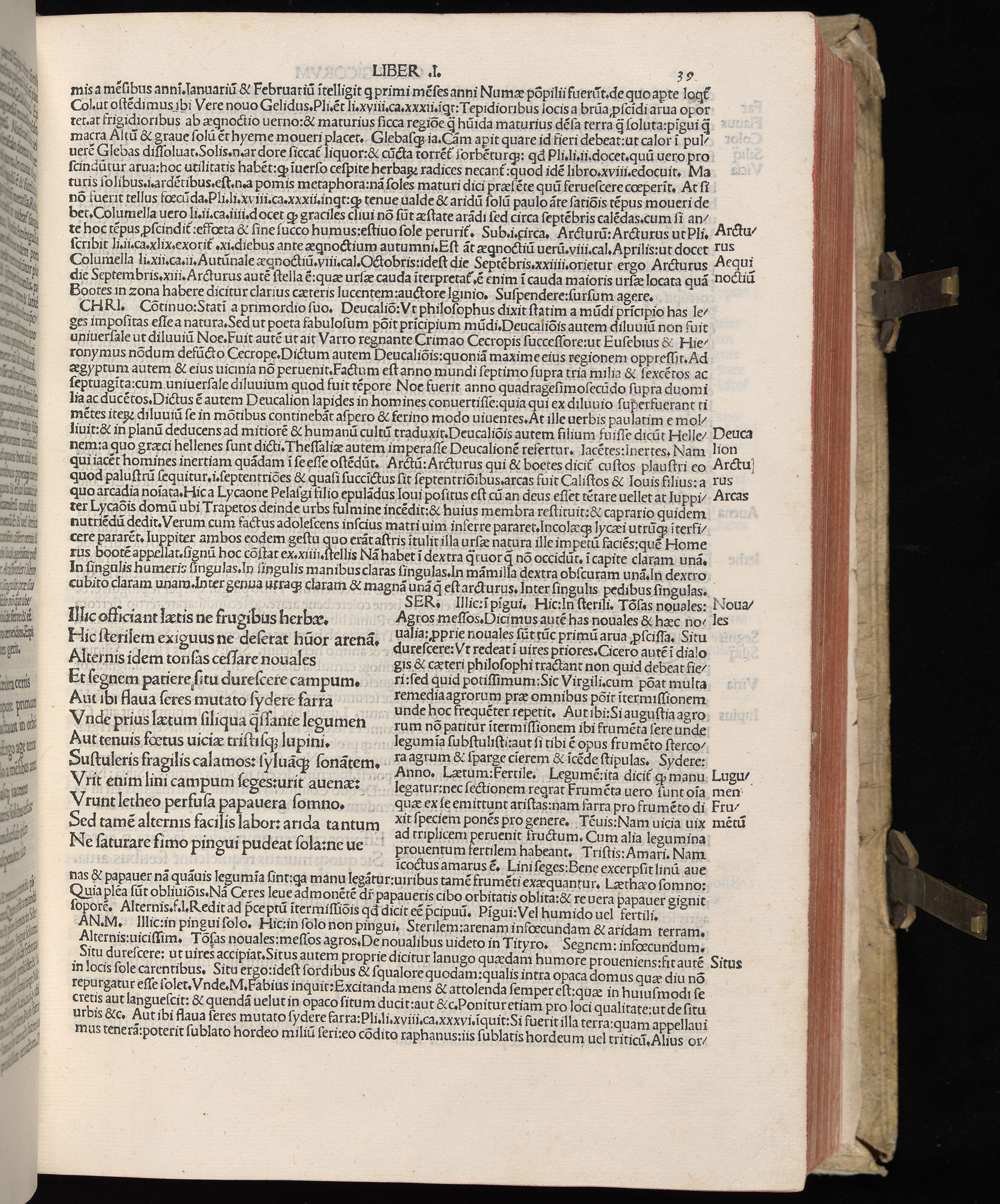 Vergilius cum c?mentariis quinque videlicet: Seruii, Landini, Ant. Mancinelli, Donati, Domitii. (M. Vegius' Book XIII addition to the Aen. Also Priapeia and Catalecta.) / Colophon: Impressu Venetiis per Bartolome? de Zanis de Portesio. . . . M.cccc.xciii. Stamped vellum with clasps. Very rare. Fol. - Image 97