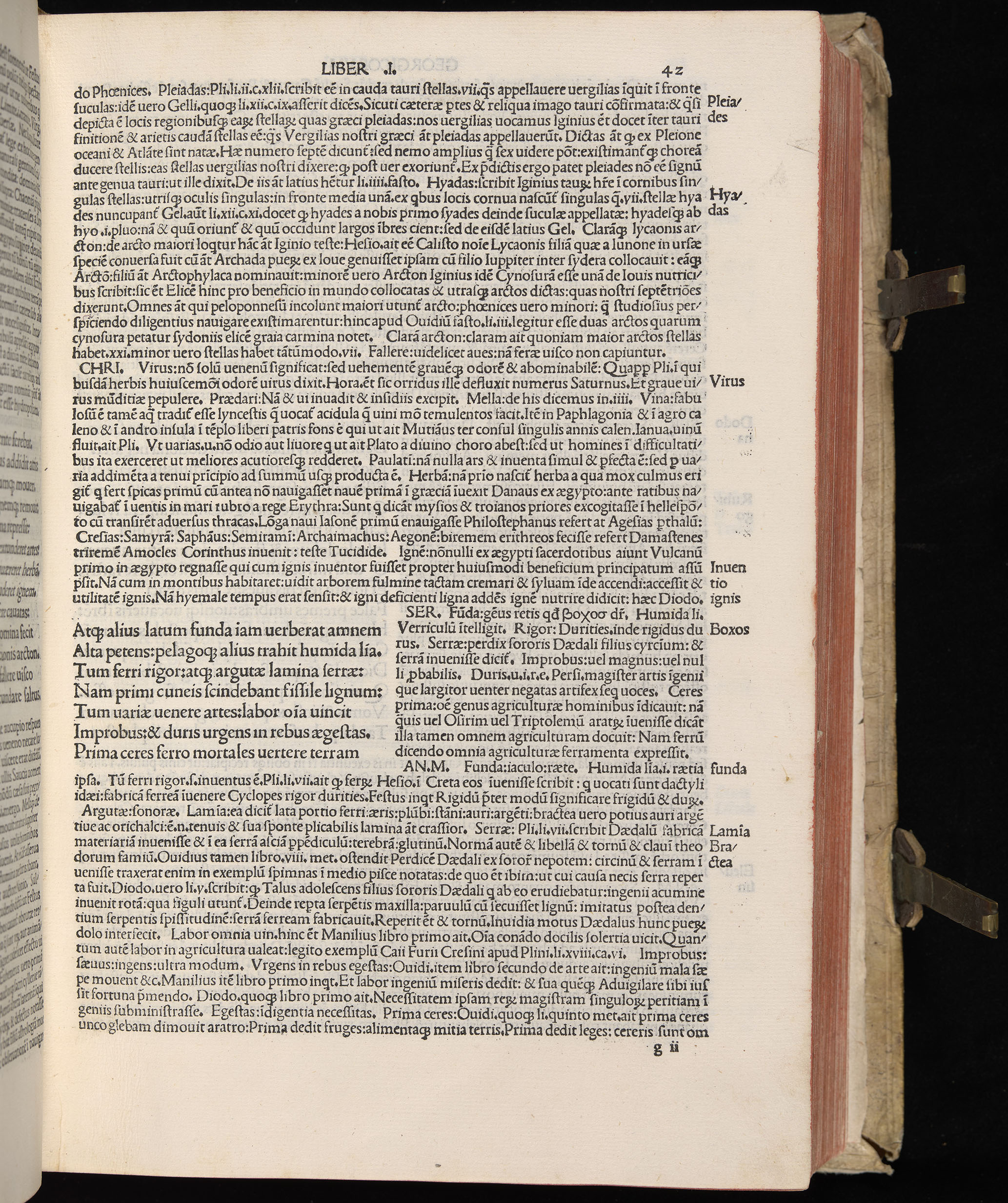 Vergilius cum c?mentariis quinque videlicet: Seruii, Landini, Ant. Mancinelli, Donati, Domitii. (M. Vegius' Book XIII addition to the Aen. Also Priapeia and Catalecta.) / Colophon: Impressu Venetiis per Bartolome? de Zanis de Portesio. . . . M.cccc.xciii. Stamped vellum with clasps. Very rare. Fol. - Image 103