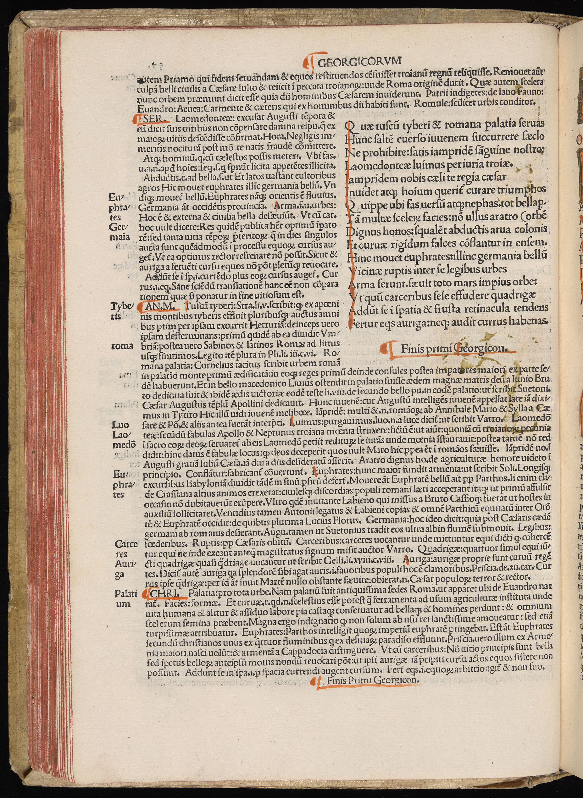 Vergilius cum c?mentariis quinque videlicet: Seruii, Landini, Ant. Mancinelli, Donati, Domitii. (M. Vegius' Book XIII addition to the Aen. Also Priapeia and Catalecta.) / Colophon: Impressu Venetiis per Bartolome? de Zanis de Portesio. . . . M.cccc.xciii. Stamped vellum with clasps. Very rare. Fol. - Image 134