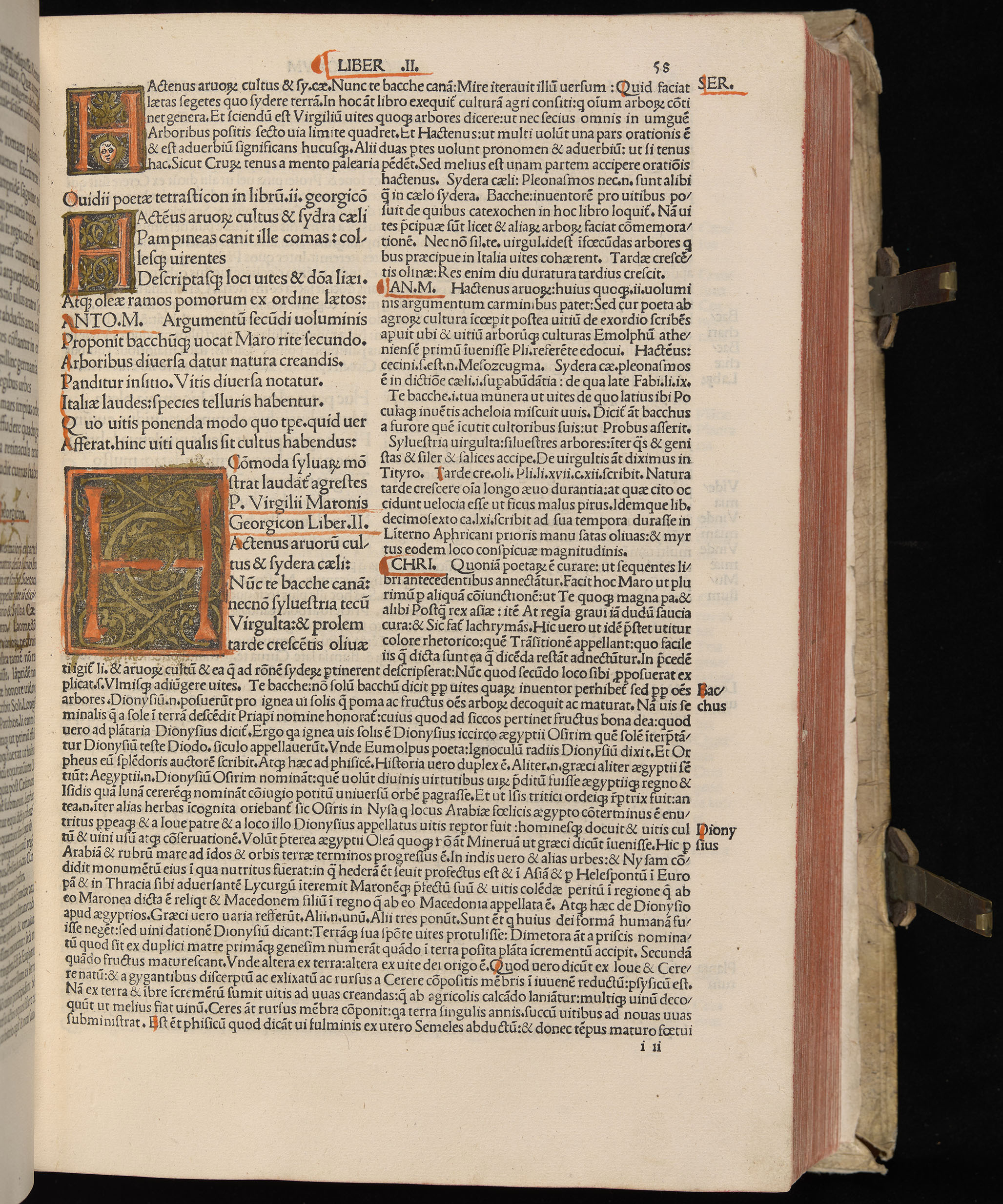 Vergilius cum c?mentariis quinque videlicet: Seruii, Landini, Ant. Mancinelli, Donati, Domitii. (M. Vegius' Book XIII addition to the Aen. Also Priapeia and Catalecta.) / Colophon: Impressu Venetiis per Bartolome? de Zanis de Portesio. . . . M.cccc.xciii. Stamped vellum with clasps. Very rare. Fol. - Image 135