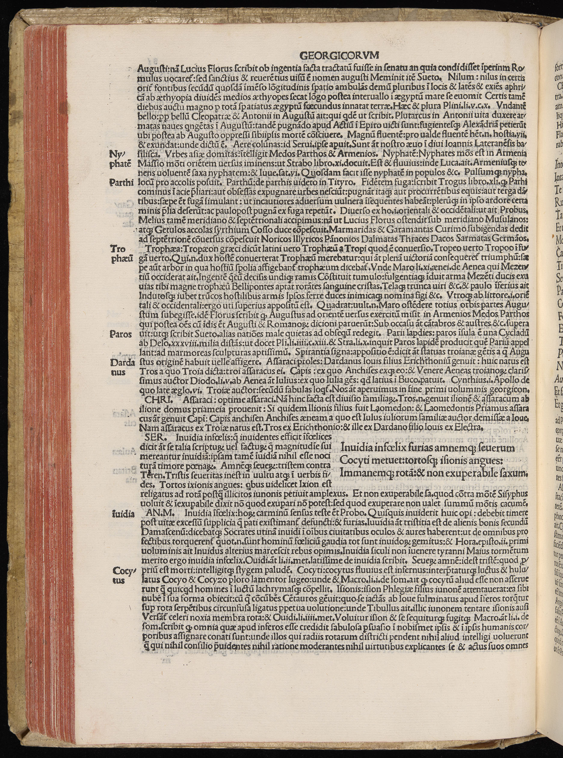 Vergilius cum c?mentariis quinque videlicet: Seruii, Landini, Ant. Mancinelli, Donati, Domitii. (M. Vegius' Book XIII addition to the Aen. Also Priapeia and Catalecta.) / Colophon: Impressu Venetiis per Bartolome? de Zanis de Portesio. . . . M.cccc.xciii. Stamped vellum with clasps. Very rare. Fol. - Image 182