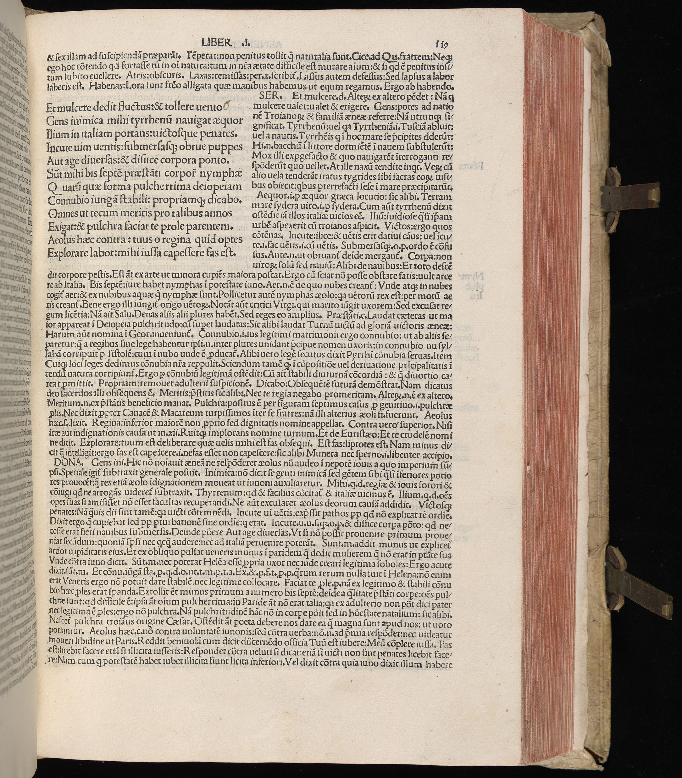 Vergilius cum c?mentariis quinque videlicet: Seruii, Landini, Ant. Mancinelli, Donati, Domitii. (M. Vegius' Book XIII addition to the Aen. Also Priapeia and Catalecta.) / Colophon: Impressu Venetiis per Bartolome? de Zanis de Portesio. . . . M.cccc.xciii. Stamped vellum with clasps. Very rare. Fol. - Image 257