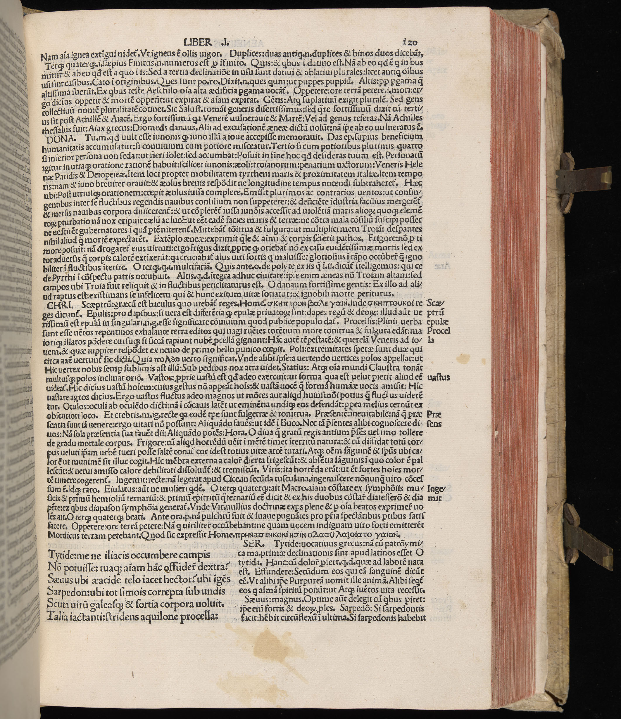 Vergilius cum c?mentariis quinque videlicet: Seruii, Landini, Ant. Mancinelli, Donati, Domitii. (M. Vegius' Book XIII addition to the Aen. Also Priapeia and Catalecta.) / Colophon: Impressu Venetiis per Bartolome? de Zanis de Portesio. . . . M.cccc.xciii. Stamped vellum with clasps. Very rare. Fol. - Image 259