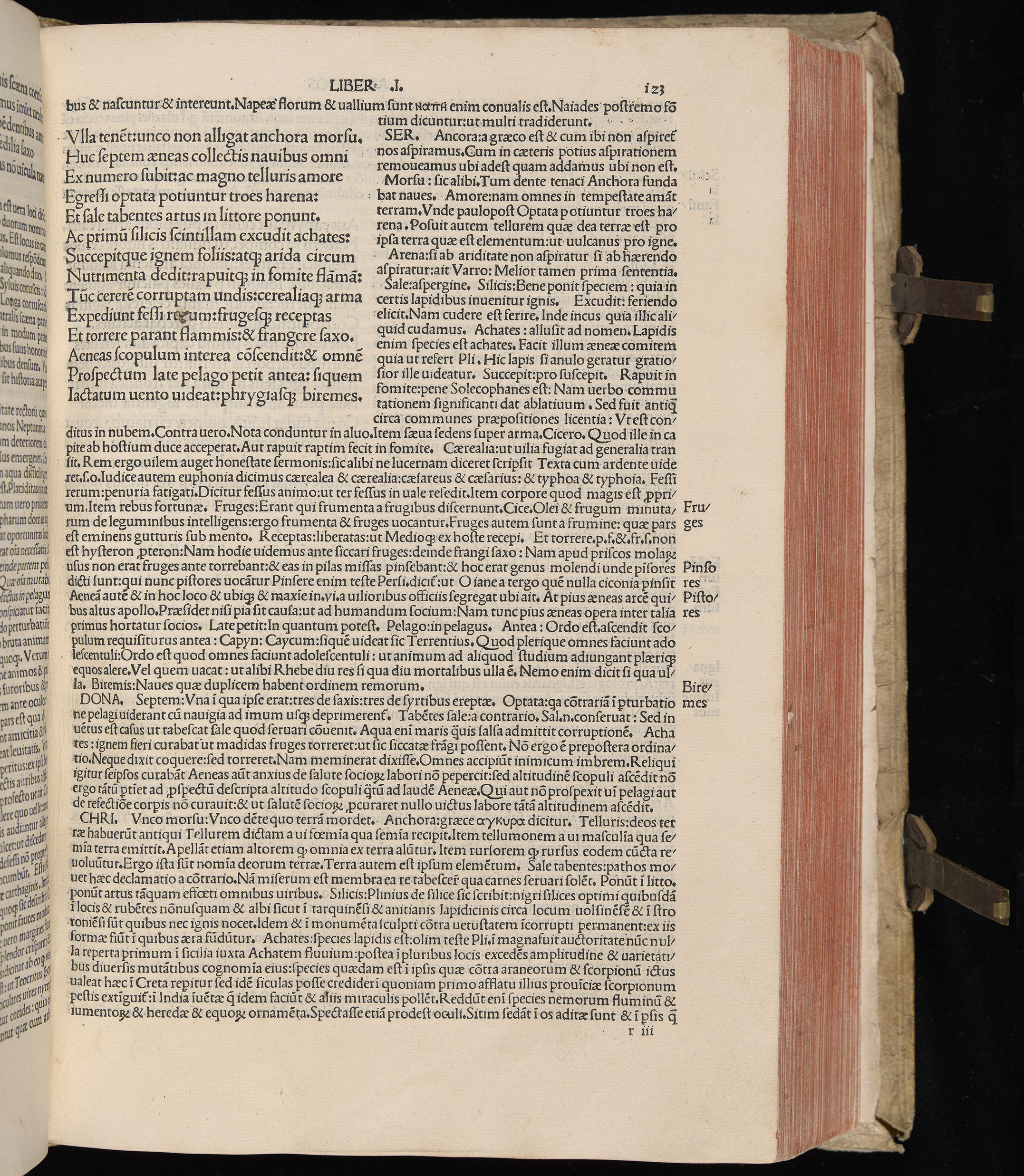 Vergilius cum c?mentariis quinque videlicet: Seruii, Landini, Ant. Mancinelli, Donati, Domitii. (M. Vegius' Book XIII addition to the Aen. Also Priapeia and Catalecta.) / Colophon: Impressu Venetiis per Bartolome? de Zanis de Portesio. . . . M.cccc.xciii. Stamped vellum with clasps. Very rare. Fol. - Image 265