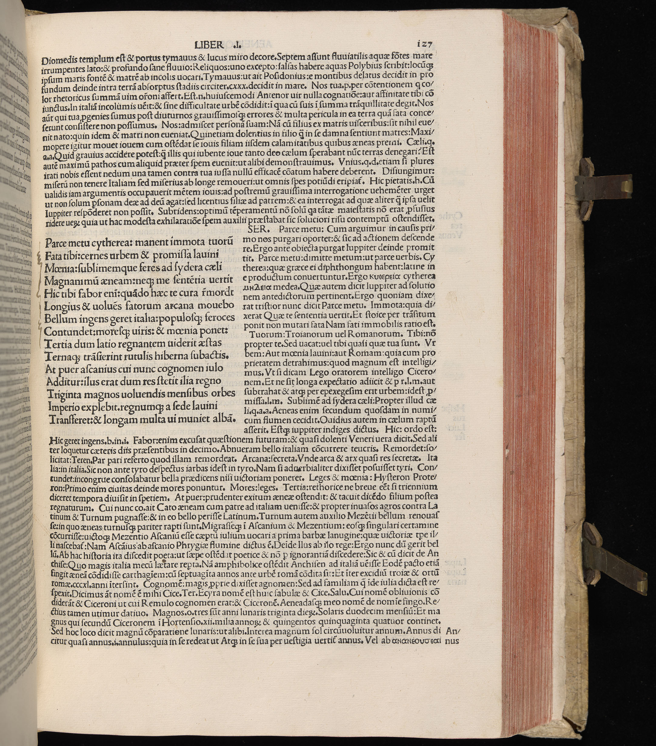 Vergilius cum c?mentariis quinque videlicet: Seruii, Landini, Ant. Mancinelli, Donati, Domitii. (M. Vegius' Book XIII addition to the Aen. Also Priapeia and Catalecta.) / Colophon: Impressu Venetiis per Bartolome? de Zanis de Portesio. . . . M.cccc.xciii. Stamped vellum with clasps. Very rare. Fol. - Image 273