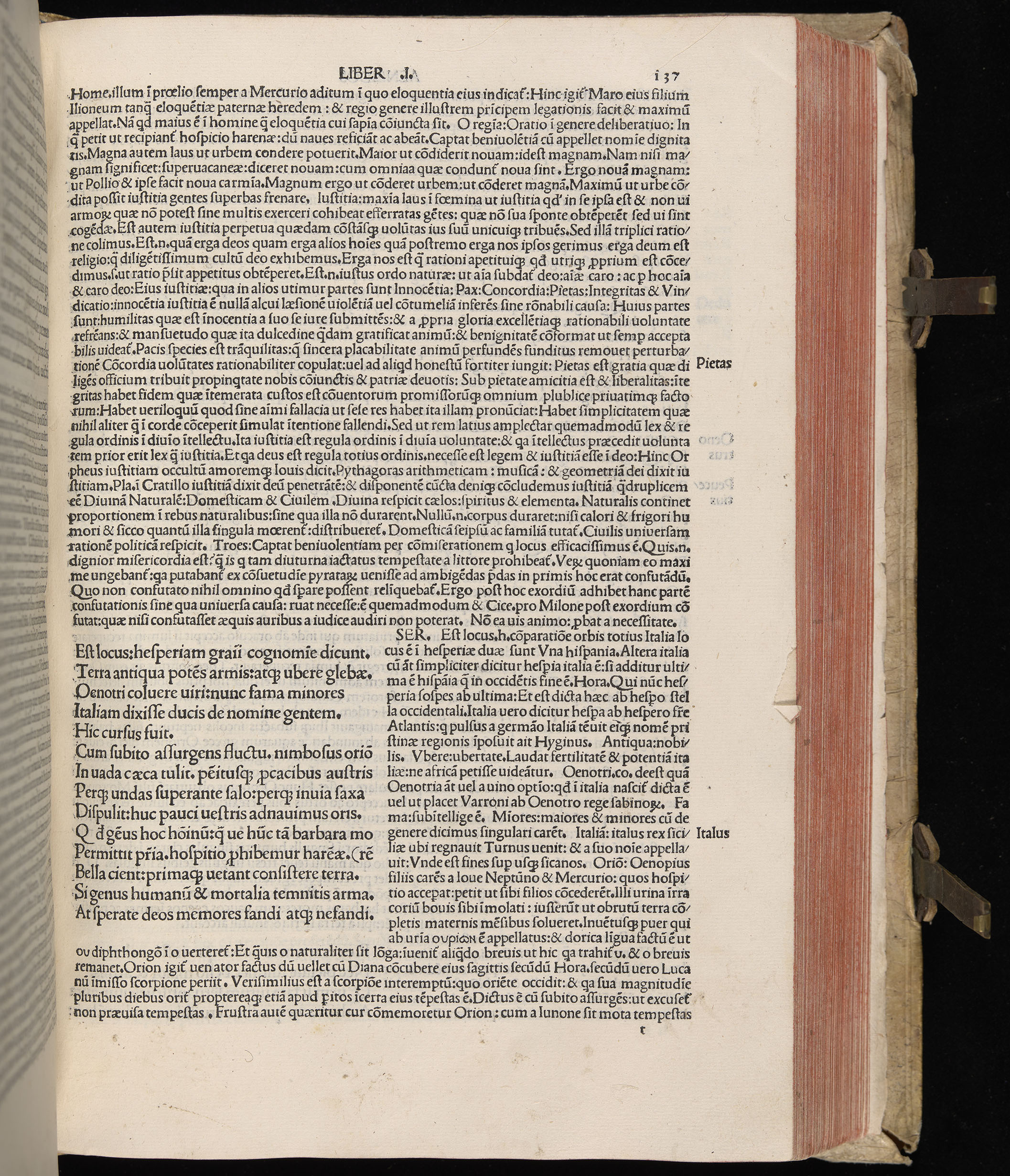 Vergilius cum c?mentariis quinque videlicet: Seruii, Landini, Ant. Mancinelli, Donati, Domitii. (M. Vegius' Book XIII addition to the Aen. Also Priapeia and Catalecta.) / Colophon: Impressu Venetiis per Bartolome? de Zanis de Portesio. . . . M.cccc.xciii. Stamped vellum with clasps. Very rare. Fol. - Image 293