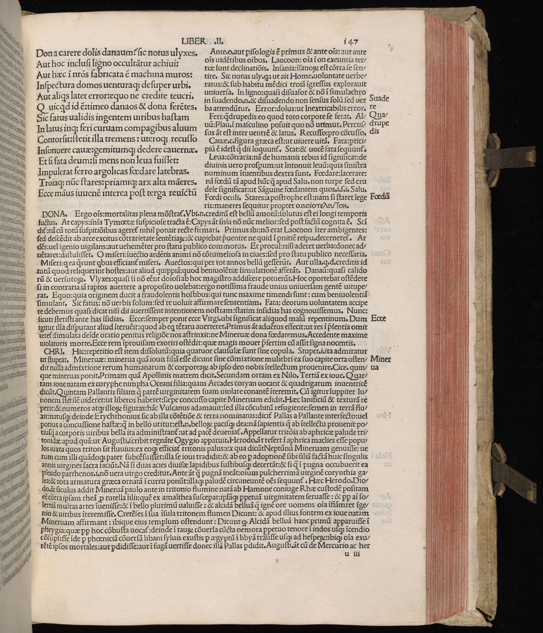 Vergilius cum c?mentariis quinque videlicet: Seruii, Landini, Ant. Mancinelli, Donati, Domitii. (M. Vegius' Book XIII addition to the Aen. Also Priapeia and Catalecta.) / Colophon: Impressu Venetiis per Bartolome? de Zanis de Portesio. . . . M.cccc.xciii. Stamped vellum with clasps. Very rare. Fol. - Image 313