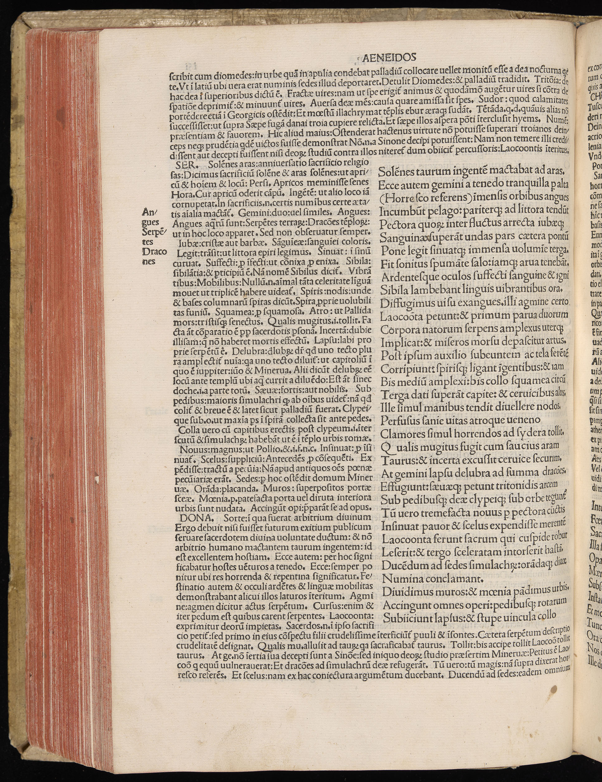 Vergilius cum c?mentariis quinque videlicet: Seruii, Landini, Ant. Mancinelli, Donati, Domitii. (M. Vegius' Book XIII addition to the Aen. Also Priapeia and Catalecta.) / Colophon: Impressu Venetiis per Bartolome? de Zanis de Portesio. . . . M.cccc.xciii. Stamped vellum with clasps. Very rare. Fol. - Image 322