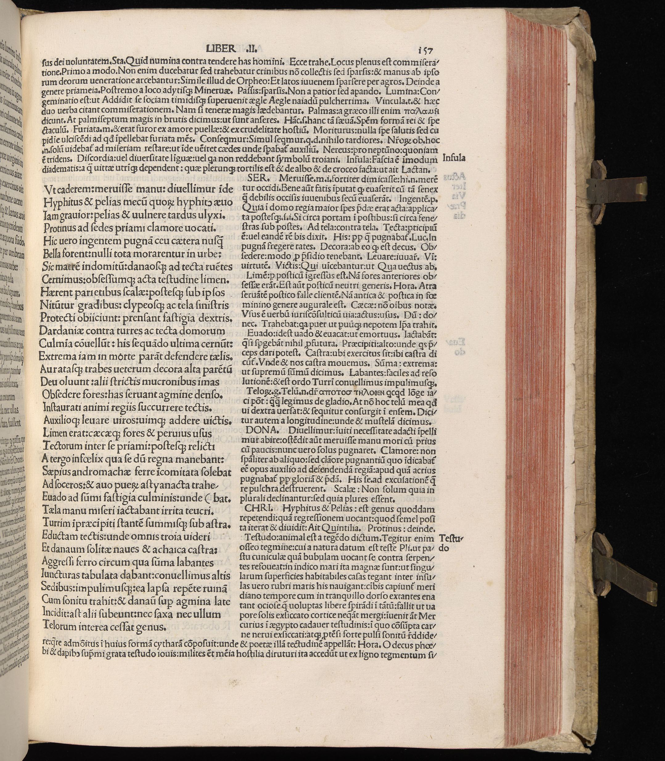 Vergilius cum c?mentariis quinque videlicet: Seruii, Landini, Ant. Mancinelli, Donati, Domitii. (M. Vegius' Book XIII addition to the Aen. Also Priapeia and Catalecta.) / Colophon: Impressu Venetiis per Bartolome? de Zanis de Portesio. . . . M.cccc.xciii. Stamped vellum with clasps. Very rare. Fol. - Image 333