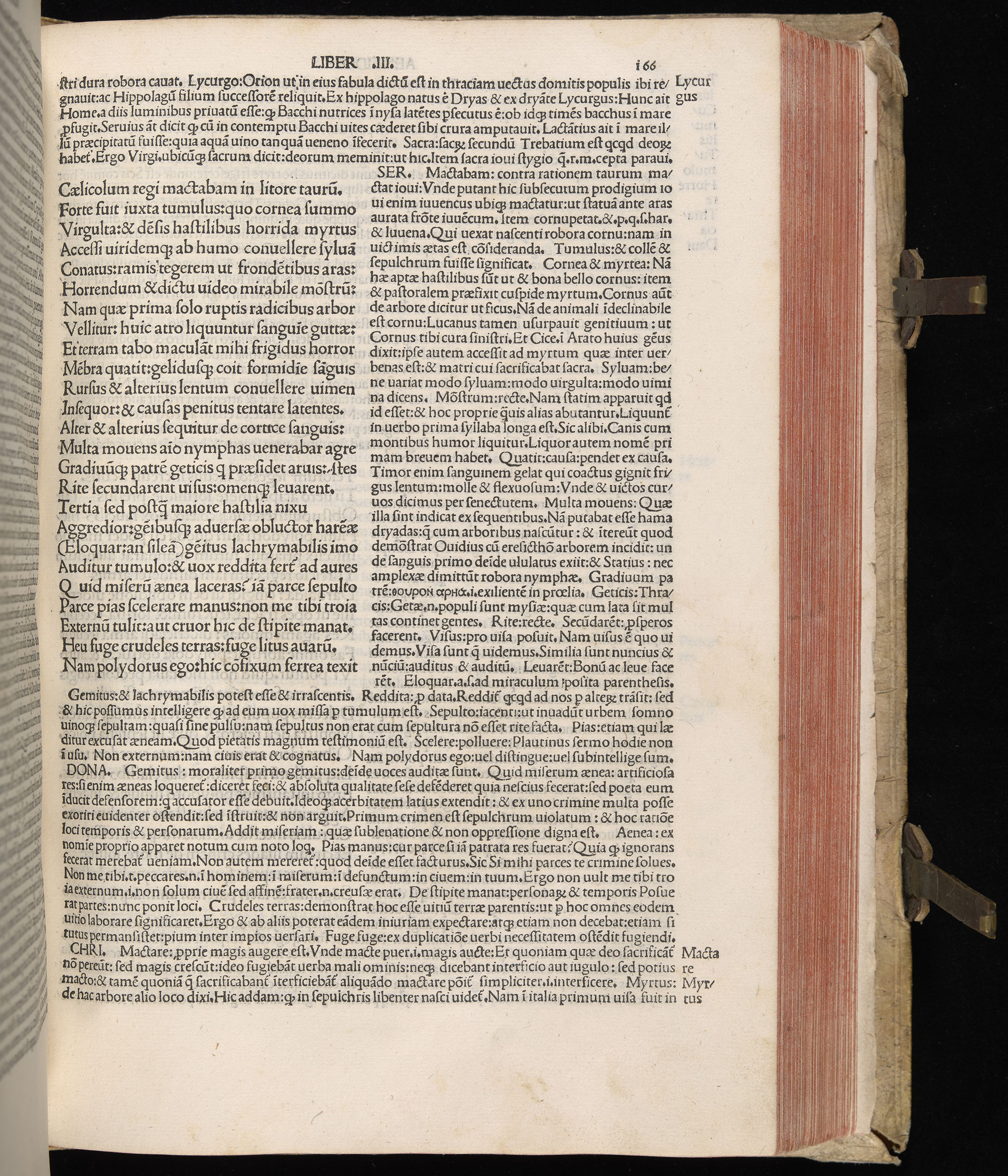 Vergilius cum c?mentariis quinque videlicet: Seruii, Landini, Ant. Mancinelli, Donati, Domitii. (M. Vegius' Book XIII addition to the Aen. Also Priapeia and Catalecta.) / Colophon: Impressu Venetiis per Bartolome? de Zanis de Portesio. . . . M.cccc.xciii. Stamped vellum with clasps. Very rare. Fol. - Image 351