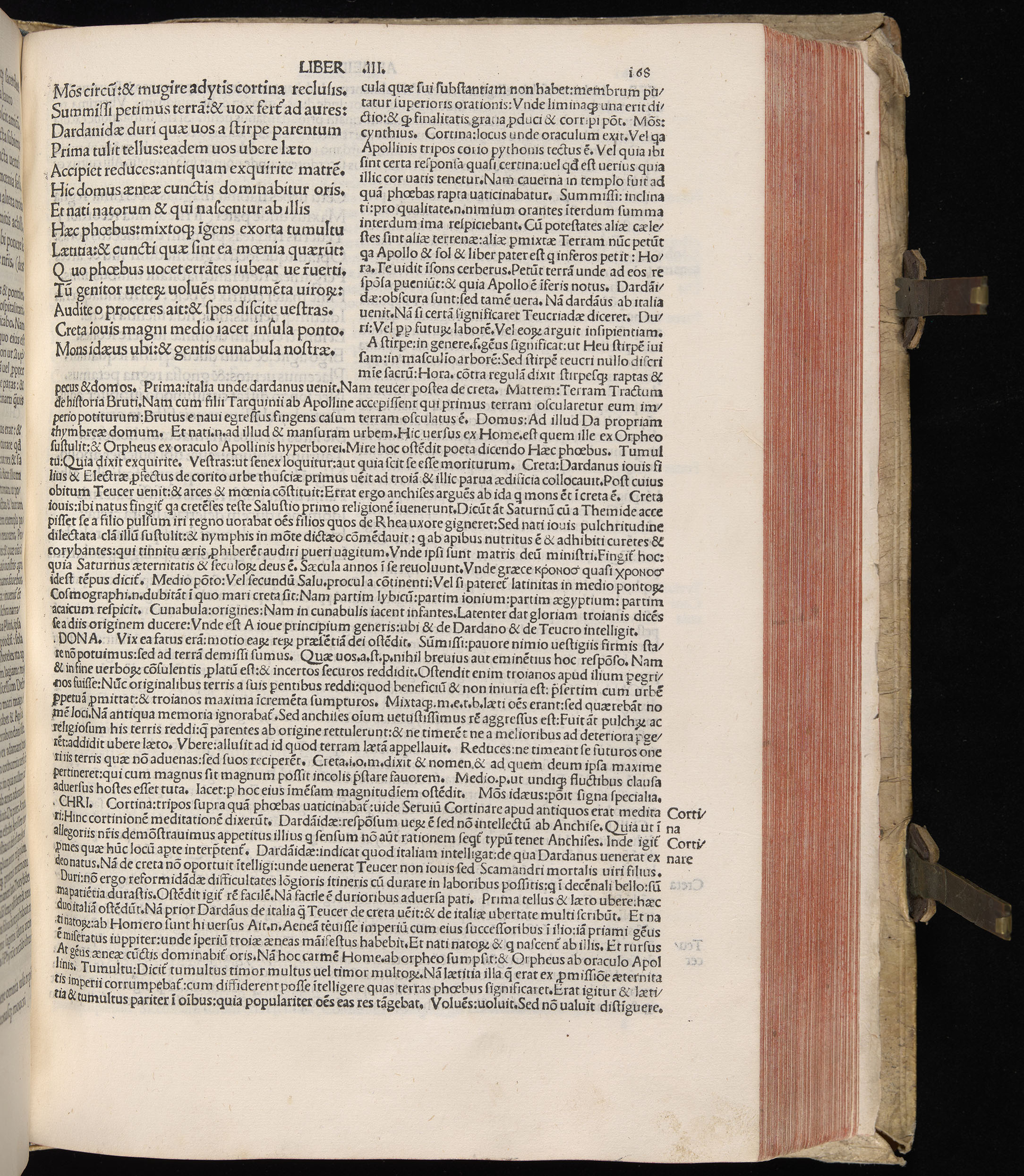 Vergilius cum c?mentariis quinque videlicet: Seruii, Landini, Ant. Mancinelli, Donati, Domitii. (M. Vegius' Book XIII addition to the Aen. Also Priapeia and Catalecta.) / Colophon: Impressu Venetiis per Bartolome? de Zanis de Portesio. . . . M.cccc.xciii. Stamped vellum with clasps. Very rare. Fol. - Image 355