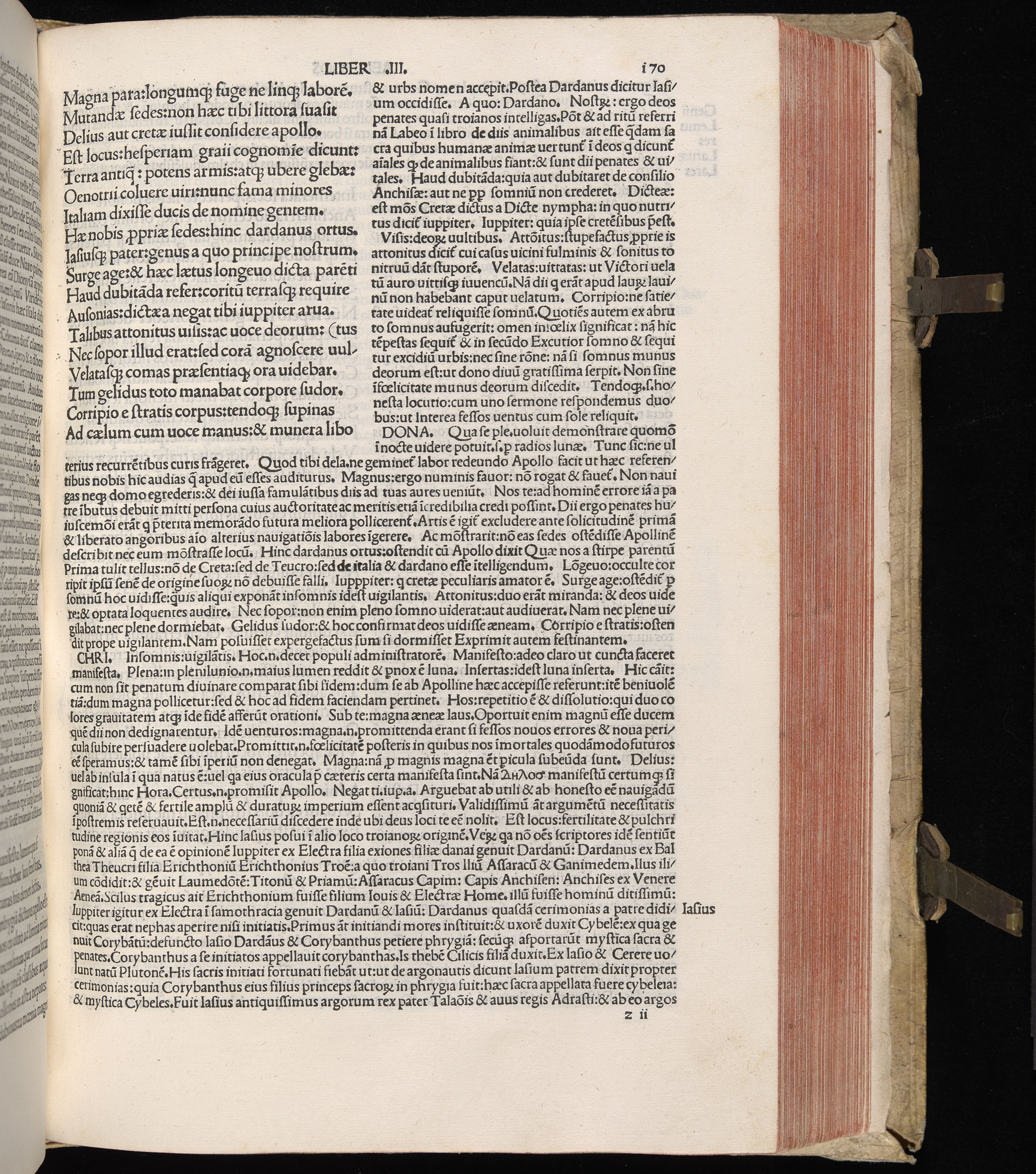 Vergilius cum c?mentariis quinque videlicet: Seruii, Landini, Ant. Mancinelli, Donati, Domitii. (M. Vegius' Book XIII addition to the Aen. Also Priapeia and Catalecta.) / Colophon: Impressu Venetiis per Bartolome? de Zanis de Portesio. . . . M.cccc.xciii. Stamped vellum with clasps. Very rare. Fol. - Image 359