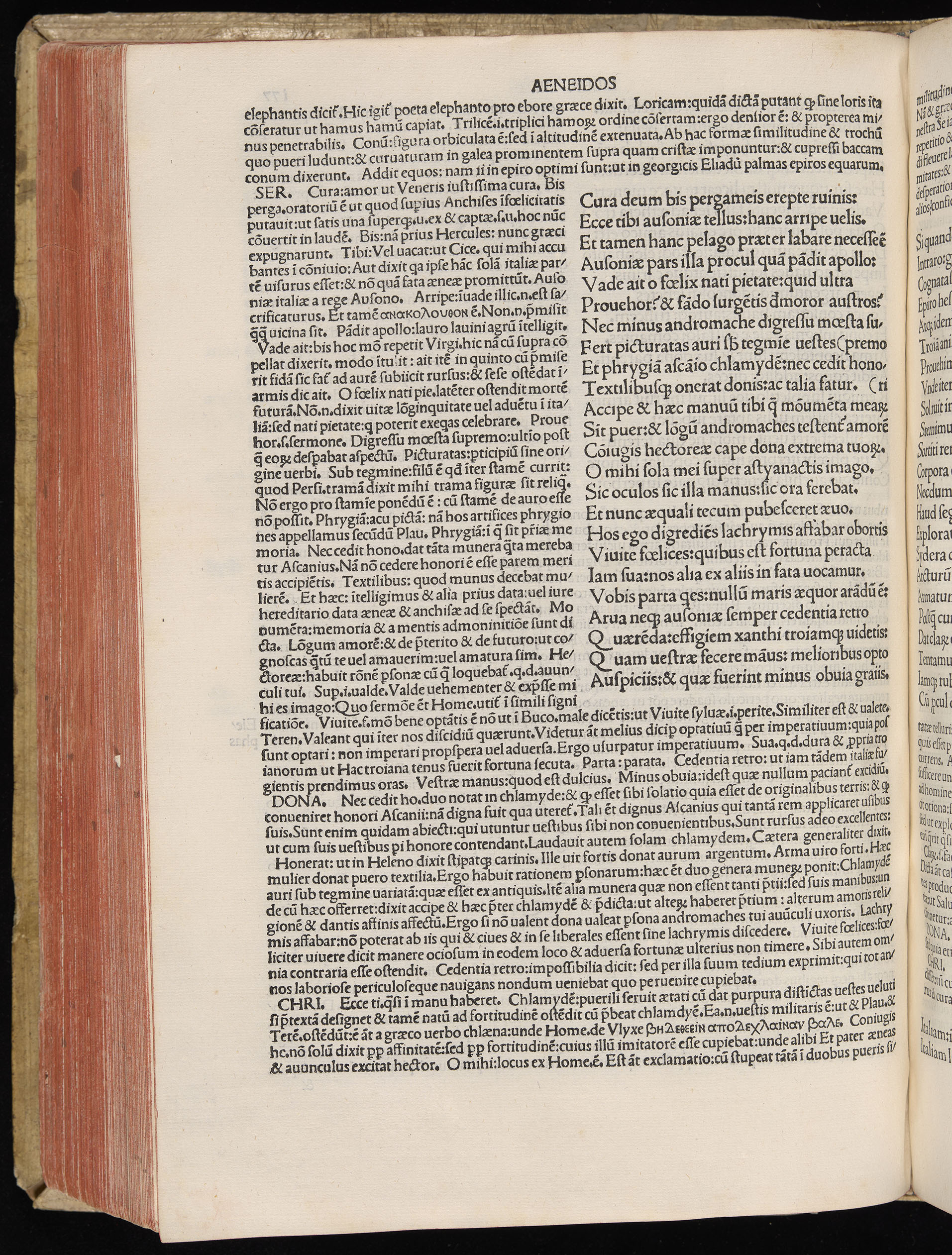 Vergilius cum c?mentariis quinque videlicet: Seruii, Landini, Ant. Mancinelli, Donati, Domitii. (M. Vegius' Book XIII addition to the Aen. Also Priapeia and Catalecta.) / Colophon: Impressu Venetiis per Bartolome? de Zanis de Portesio. . . . M.cccc.xciii. Stamped vellum with clasps. Very rare. Fol. - Image 374