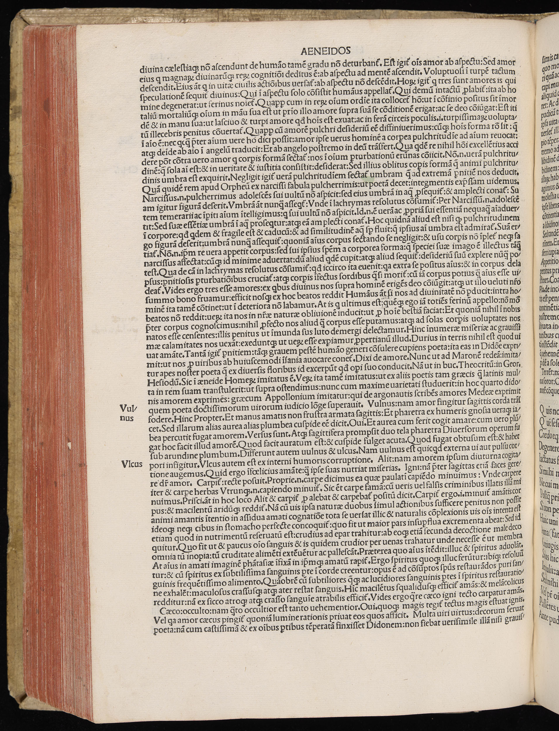 Vergilius cum c?mentariis quinque videlicet: Seruii, Landini, Ant. Mancinelli, Donati, Domitii. (M. Vegius' Book XIII addition to the Aen. Also Priapeia and Catalecta.) / Colophon: Impressu Venetiis per Bartolome? de Zanis de Portesio. . . . M.cccc.xciii. Stamped vellum with clasps. Very rare. Fol. - Image 386