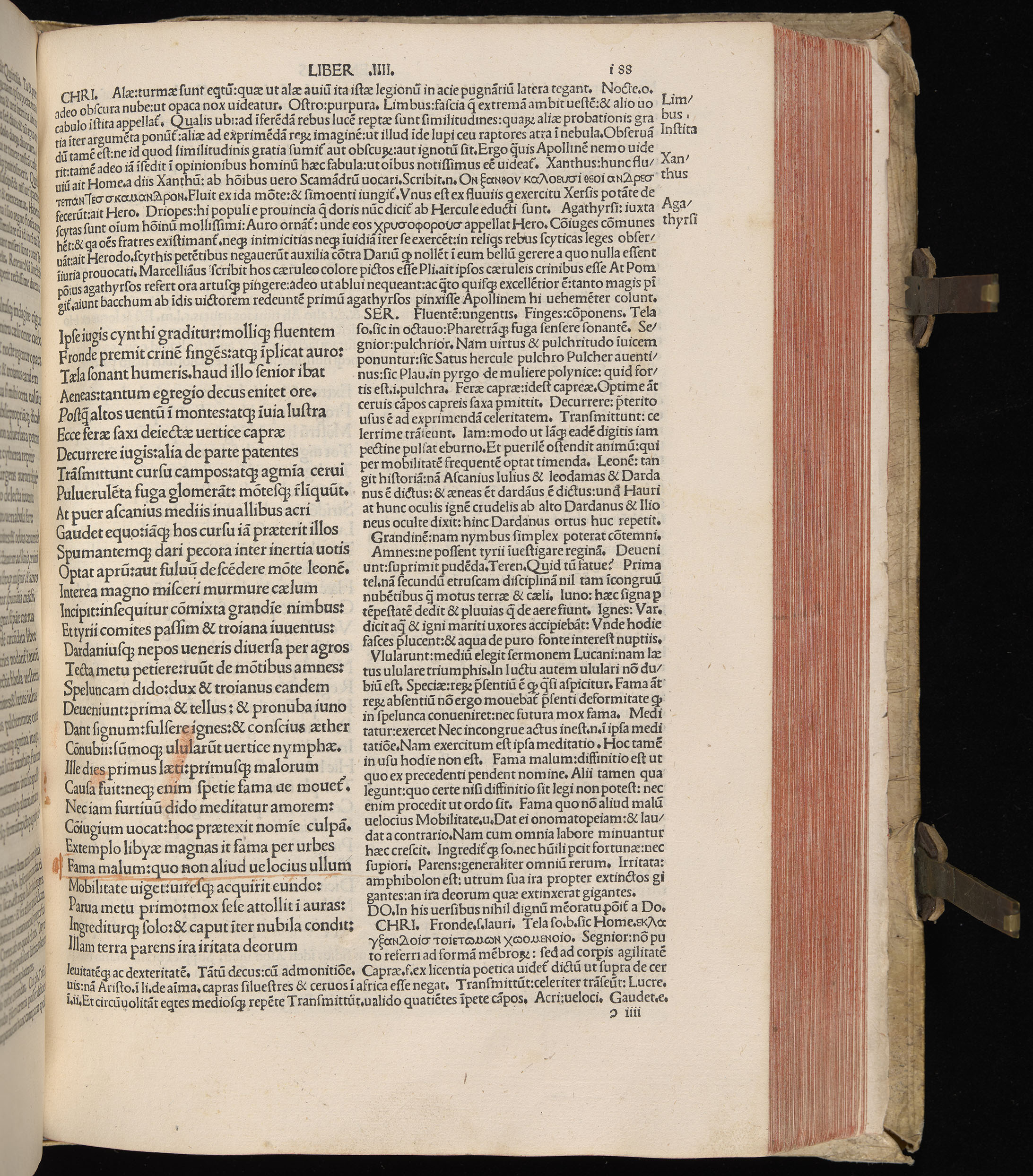 Vergilius cum c?mentariis quinque videlicet: Seruii, Landini, Ant. Mancinelli, Donati, Domitii. (M. Vegius' Book XIII addition to the Aen. Also Priapeia and Catalecta.) / Colophon: Impressu Venetiis per Bartolome? de Zanis de Portesio. . . . M.cccc.xciii. Stamped vellum with clasps. Very rare. Fol. - Image 395