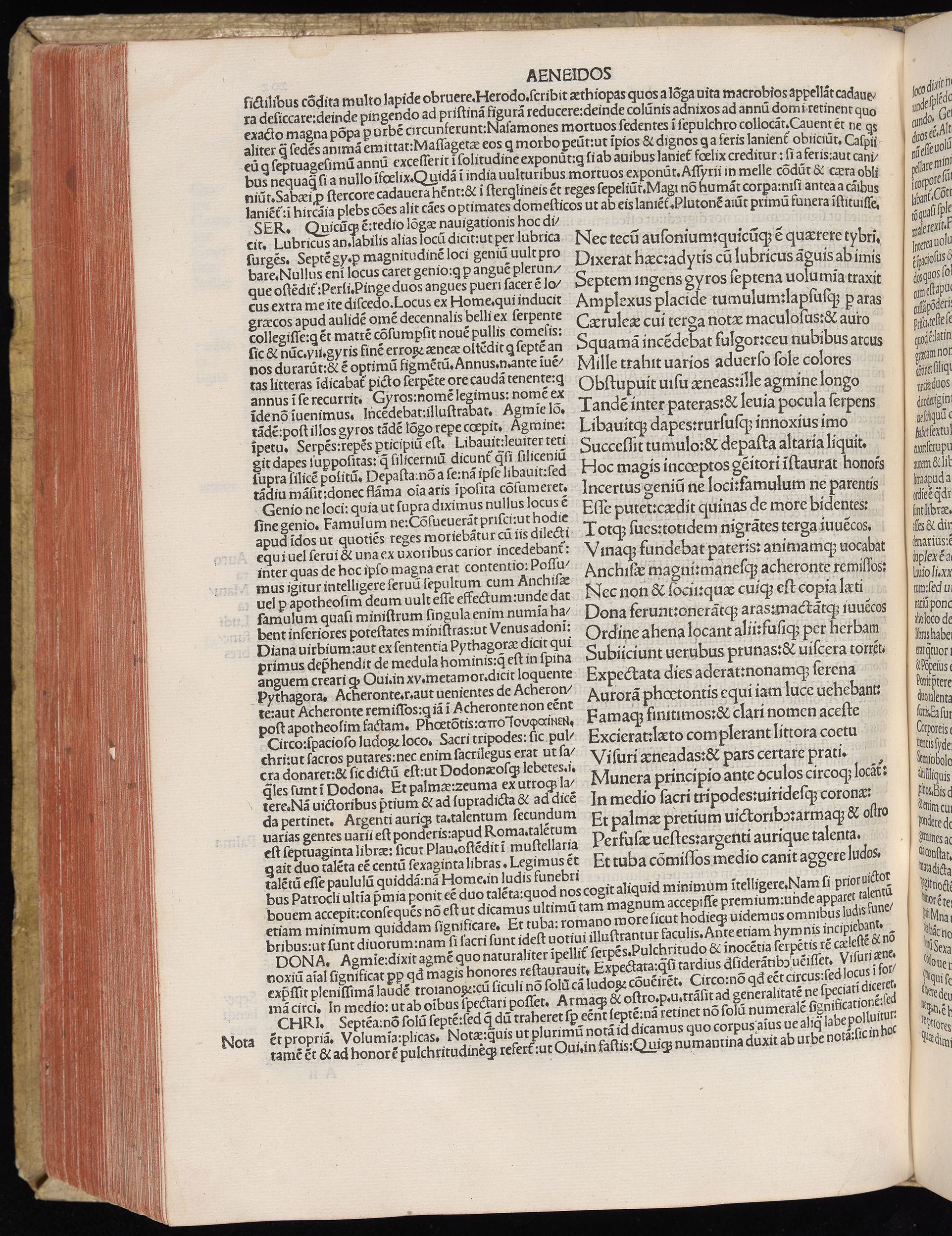 Vergilius cum c?mentariis quinque videlicet: Seruii, Landini, Ant. Mancinelli, Donati, Domitii. (M. Vegius' Book XIII addition to the Aen. Also Priapeia and Catalecta.) / Colophon: Impressu Venetiis per Bartolome? de Zanis de Portesio. . . . M.cccc.xciii. Stamped vellum with clasps. Very rare. Fol. - Image 424