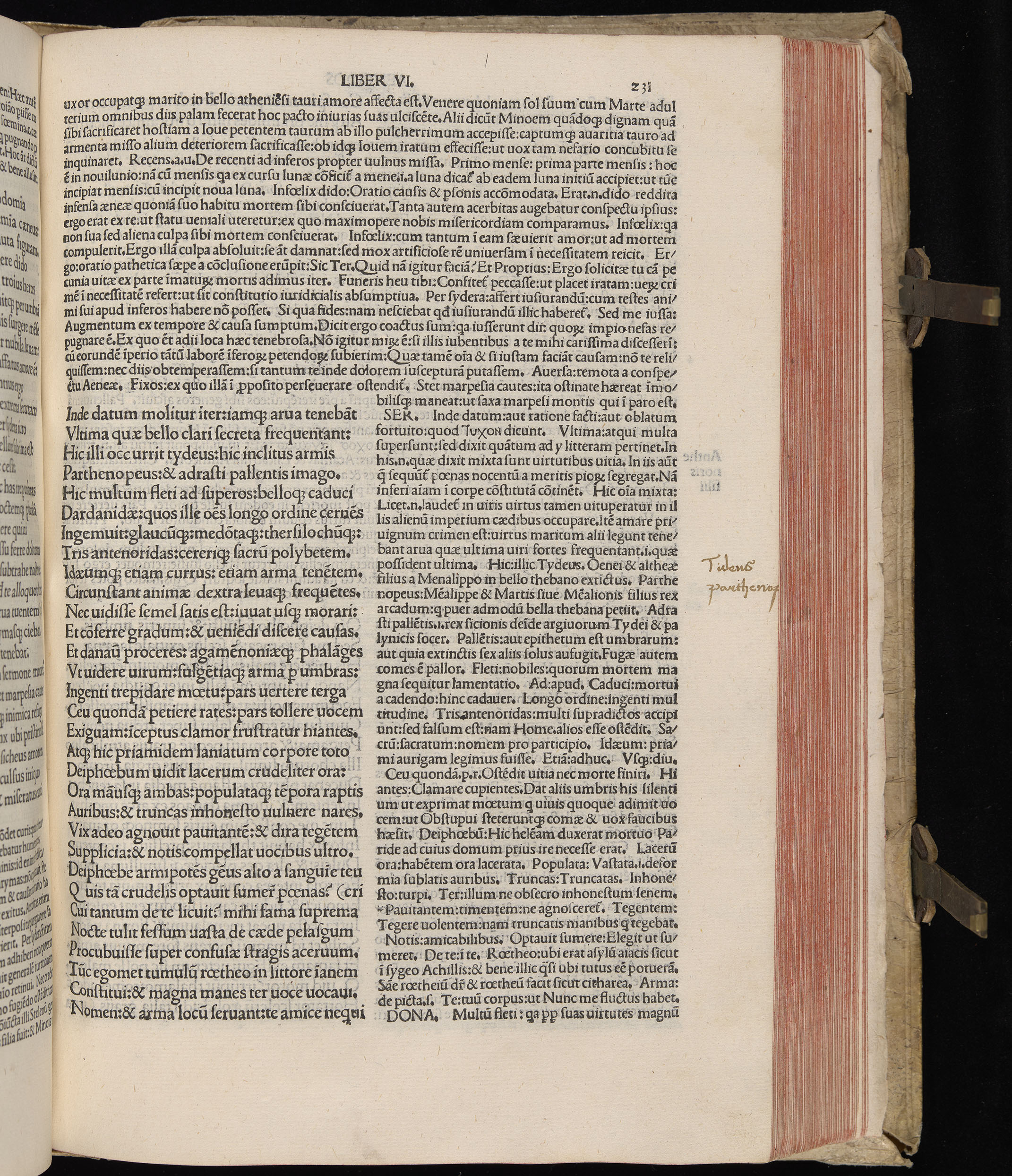 Vergilius cum c?mentariis quinque videlicet: Seruii, Landini, Ant. Mancinelli, Donati, Domitii. (M. Vegius' Book XIII addition to the Aen. Also Priapeia and Catalecta.) / Colophon: Impressu Venetiis per Bartolome? de Zanis de Portesio. . . . M.cccc.xciii. Stamped vellum with clasps. Very rare. Fol. - Image 481